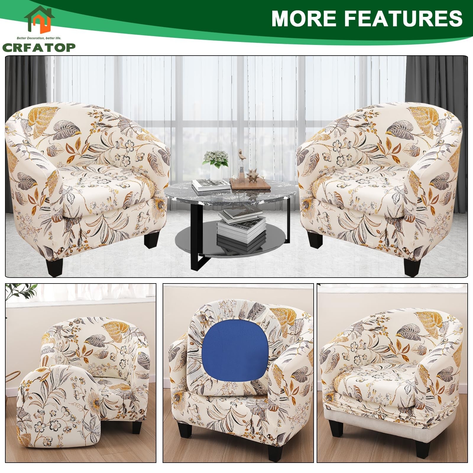 CRFATOP club chair slipcover with matching cushion cover, printed 2-piece set, designed for tub-style armchairs.