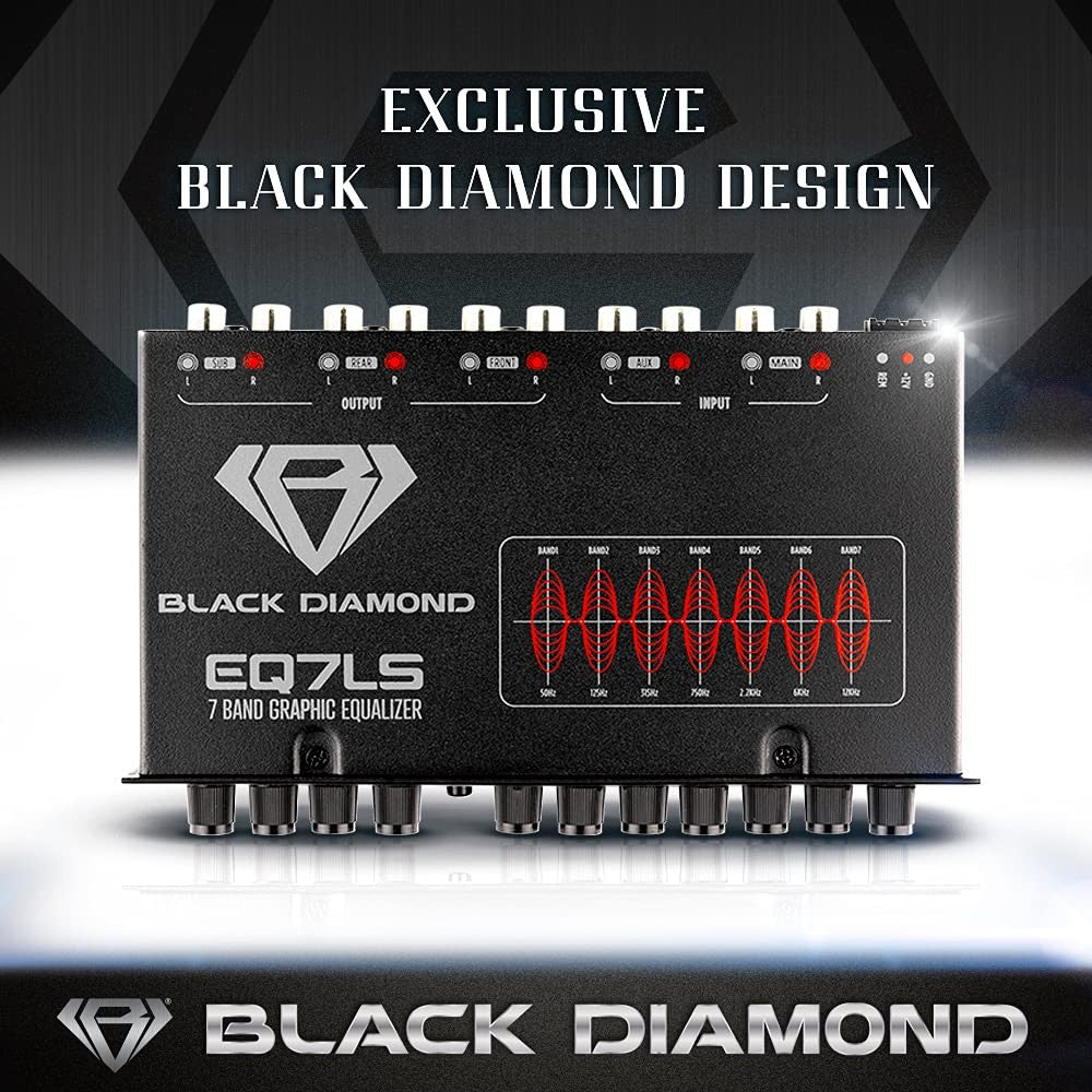 Black Diamond EQ7LS 7-band stereo equalizer and crossover preamp for car audio, featuring black finish and control knobs.