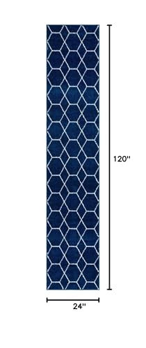 Navy geometric area rug from Unique Loom Trellis Frieze Collection, 2x10 runner with modern pattern and textured design.