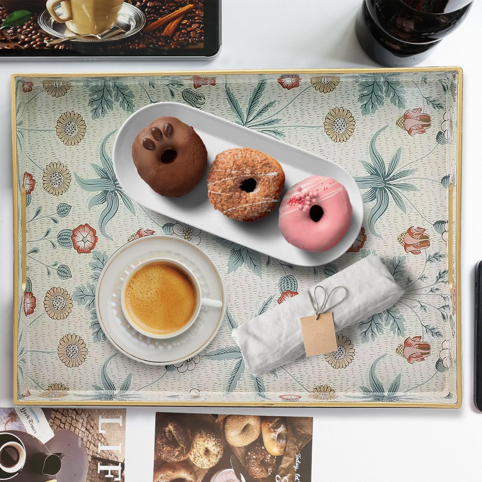 Leemxiiny rectangular serving tray with handles, ideal for coffee tables and ottomans, featuring a sleek wooden design.