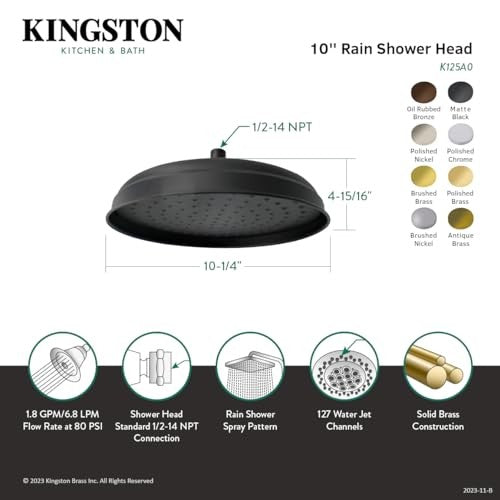Kingston Brass Victorian raindrop showerhead in polished chrome, 10-inch diameter with a classic design and multiple spray nozzles.