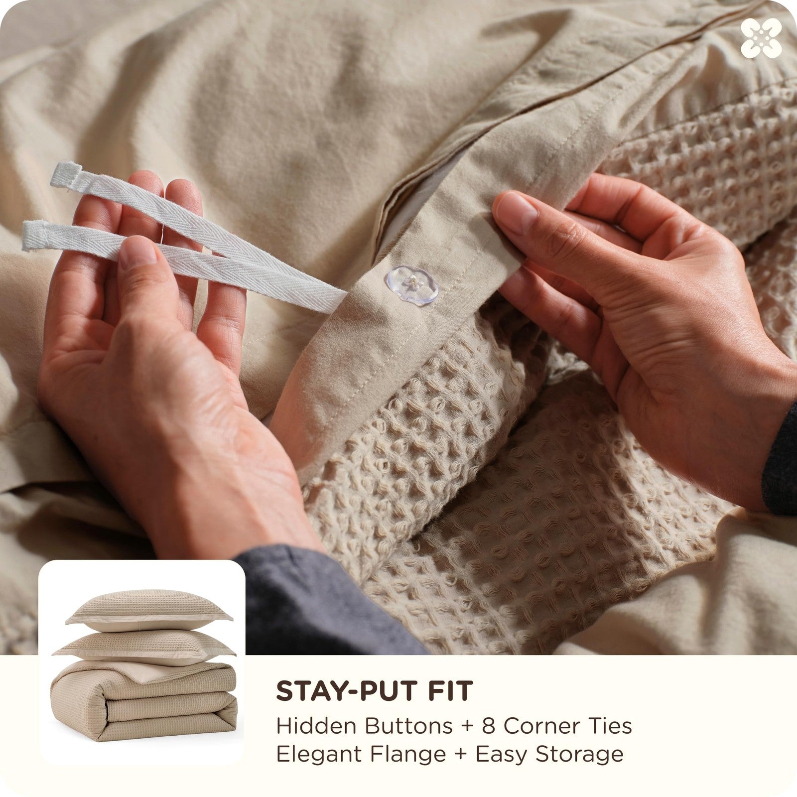 Bedsure twin cotton duvet cover with khaki waffle weave texture, featuring a soft, breathable 100% cotton fabric for cozy bedding.
