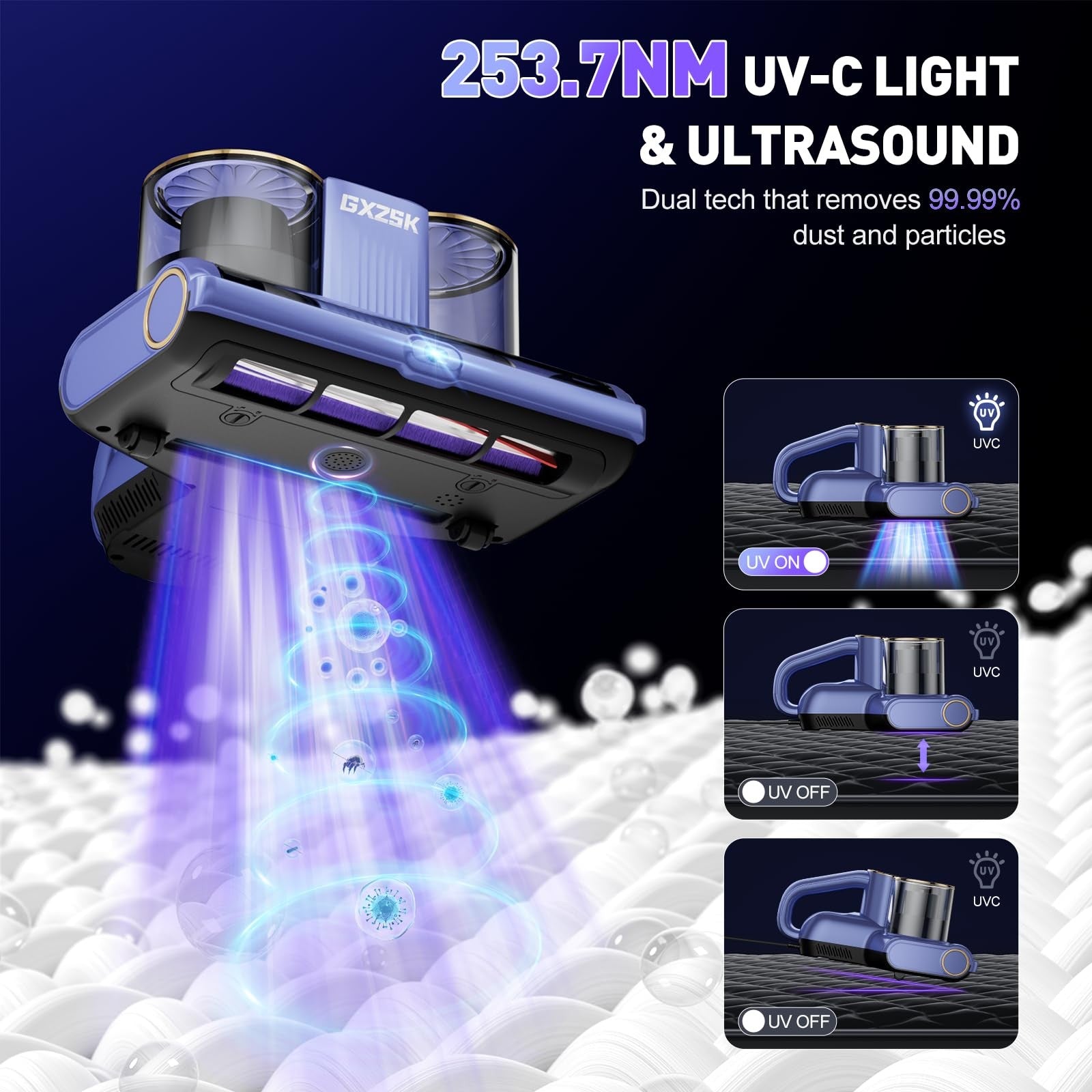 Gxzsk mattress vacuum cleaner with UV-C light, ultrasonic technology, and 140℉ heating for deep cleaning and sanitizing.