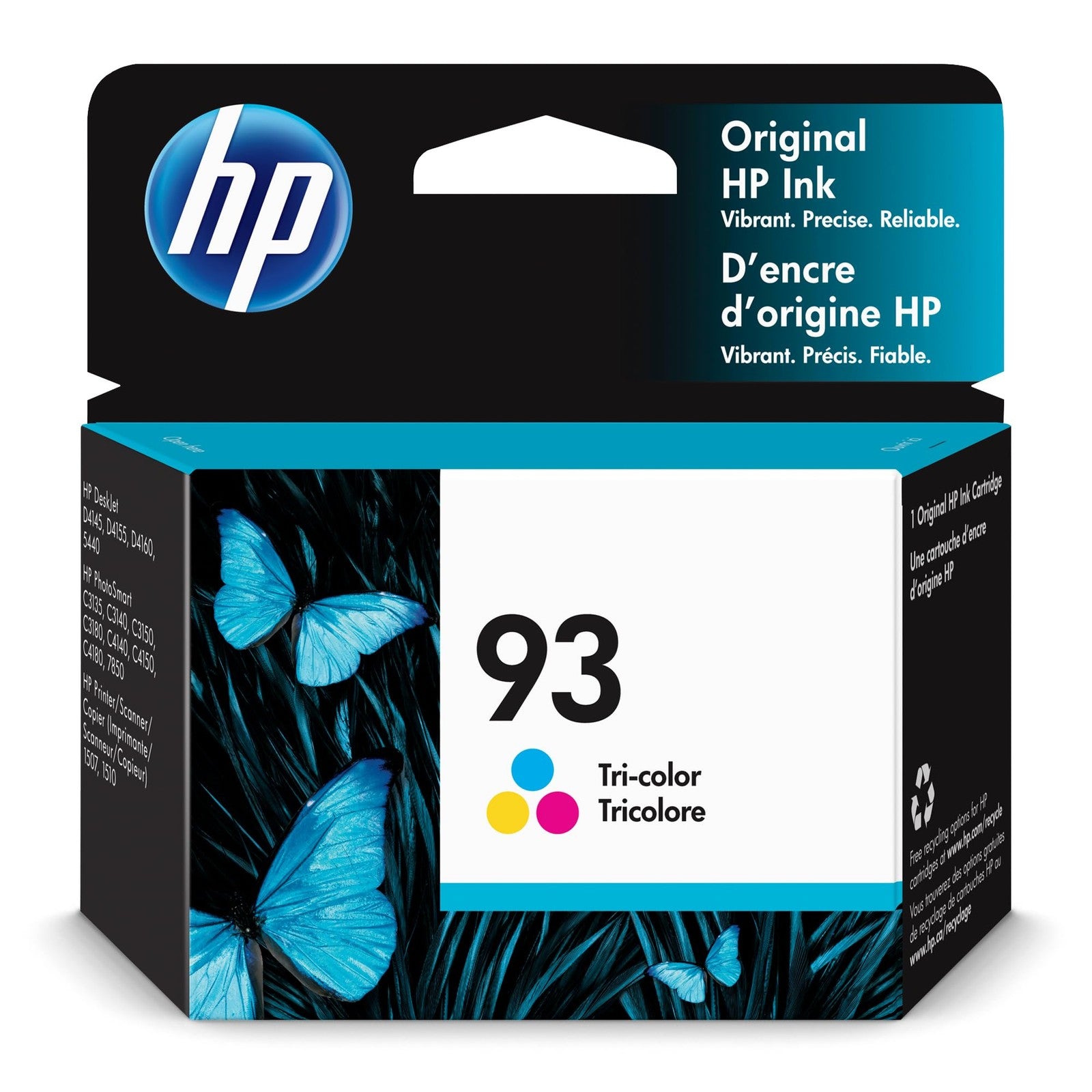 HP Original 93 tri-color ink cartridge for DeskJet D4100, 5440, PhotoSmart C3100 series, showing the colorful cartridge in packaging.
