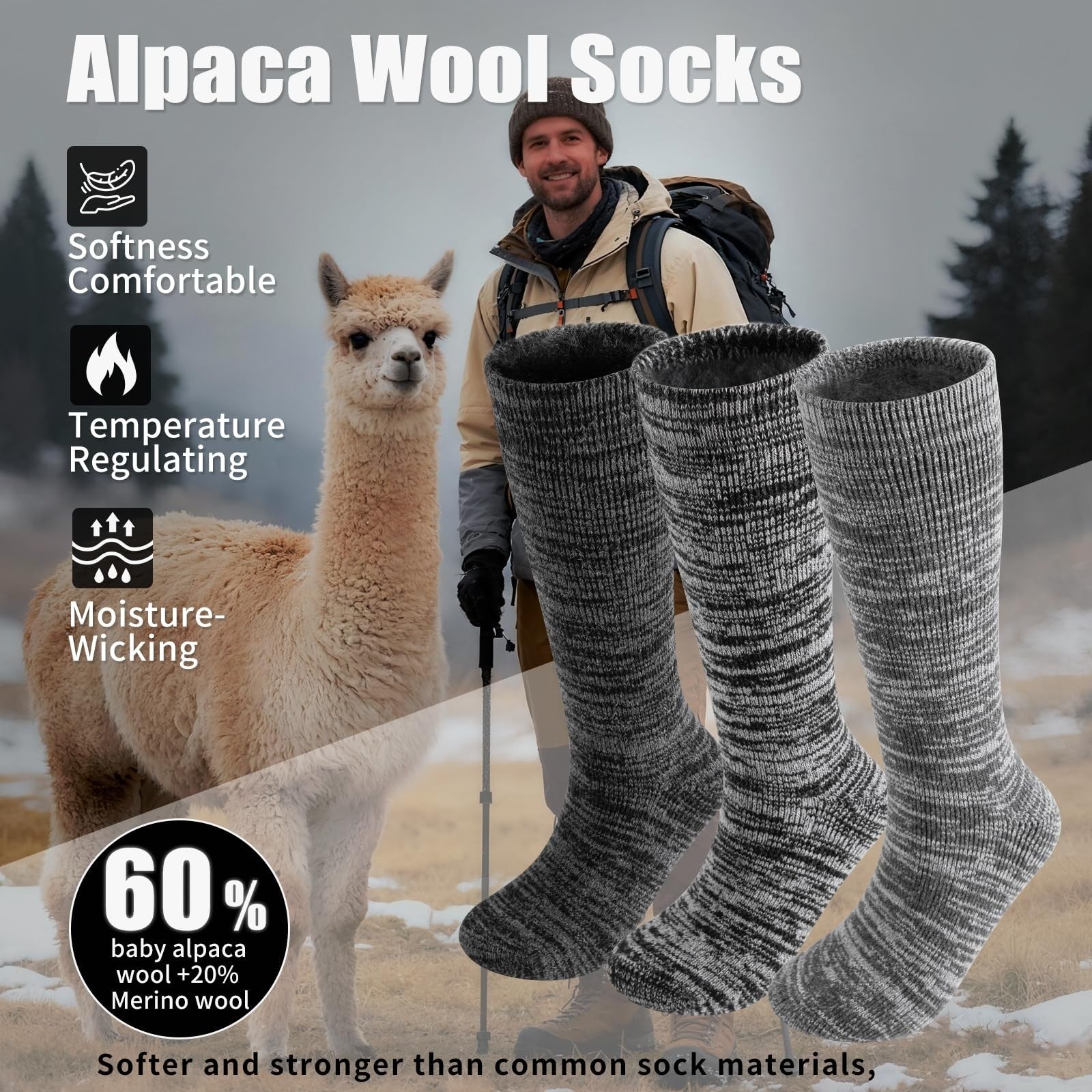 Three pairs of ORVYTHA alpaca wool boot socks for men and women, thick, thermal, and warm for heavy-duty winter wear.