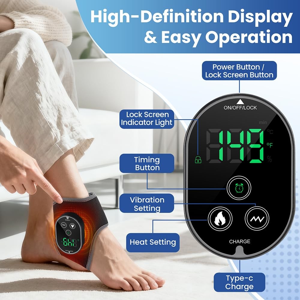 BETOLEAN foot and ankle massager with heat therapy for pain relief, showcasing the device's heating pads and ergonomic design.