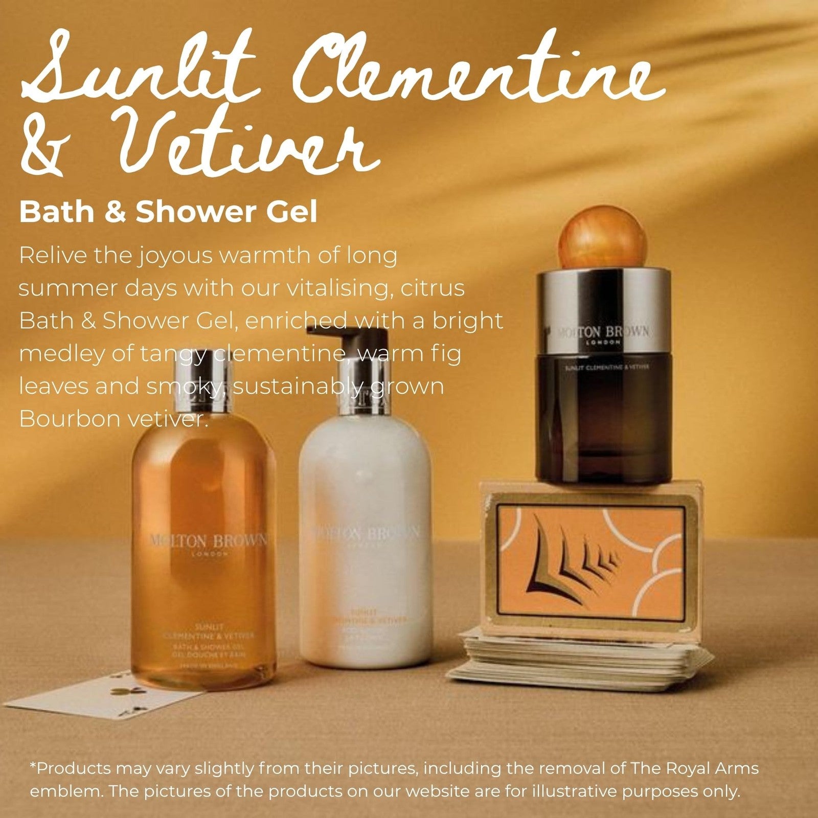 Molton Brown Sunlit Clementine & Vetiver body wash bottle, 10 fl oz, with citrus and vetiver scent design.