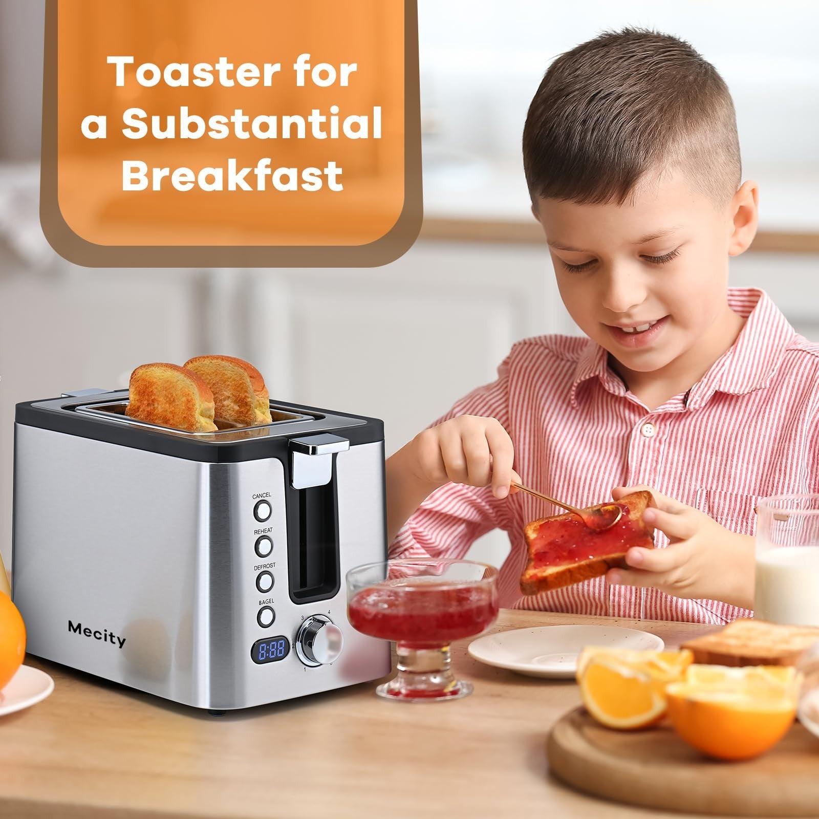 Mecity 2-slice stainless steel toaster with timer, bagel, defrost, reheat, and cancel functions, shown on kitchen countertop.