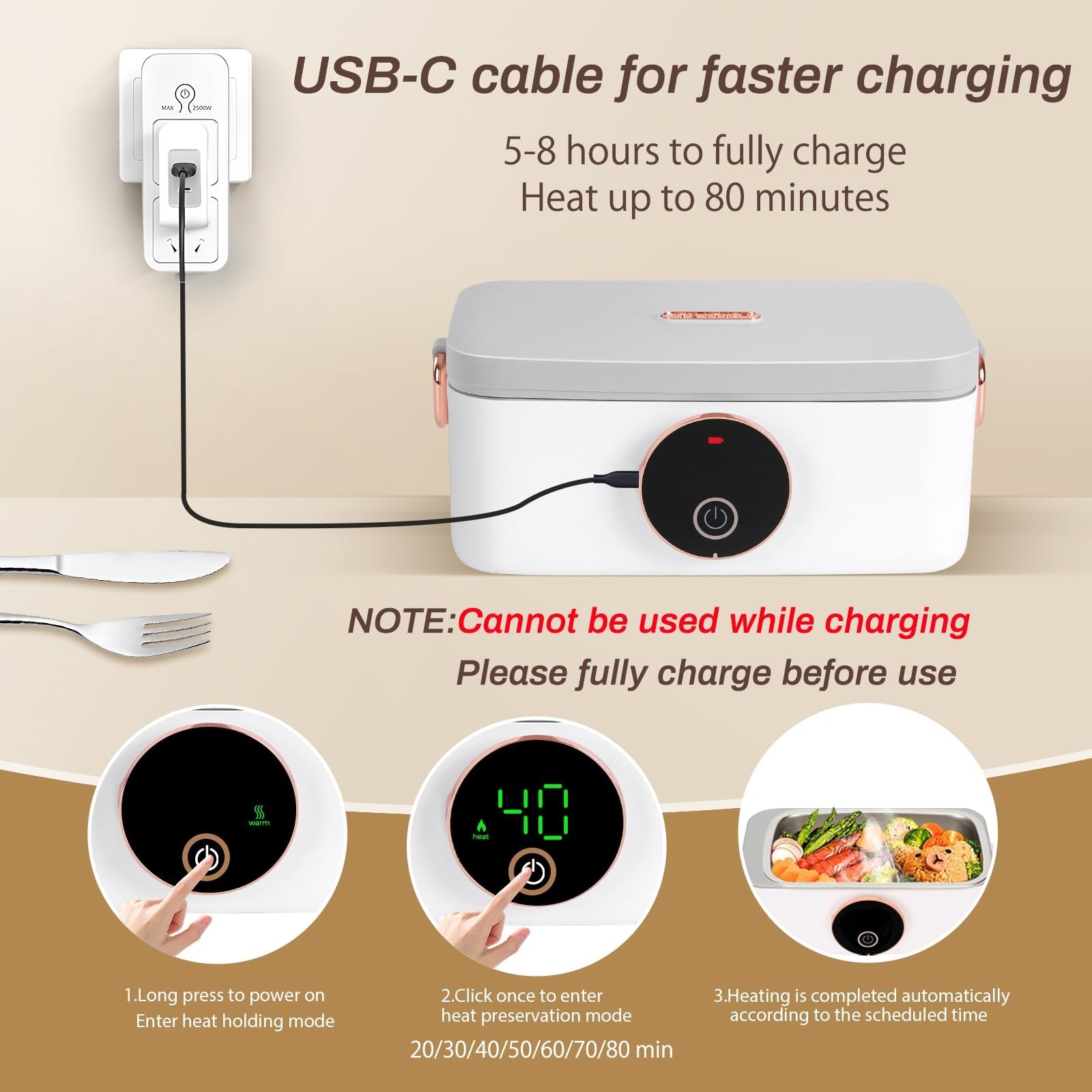 Iridesc self-heating lunch box with 1L capacity, battery-powered with automatic heat, showing a sleek design and food inside