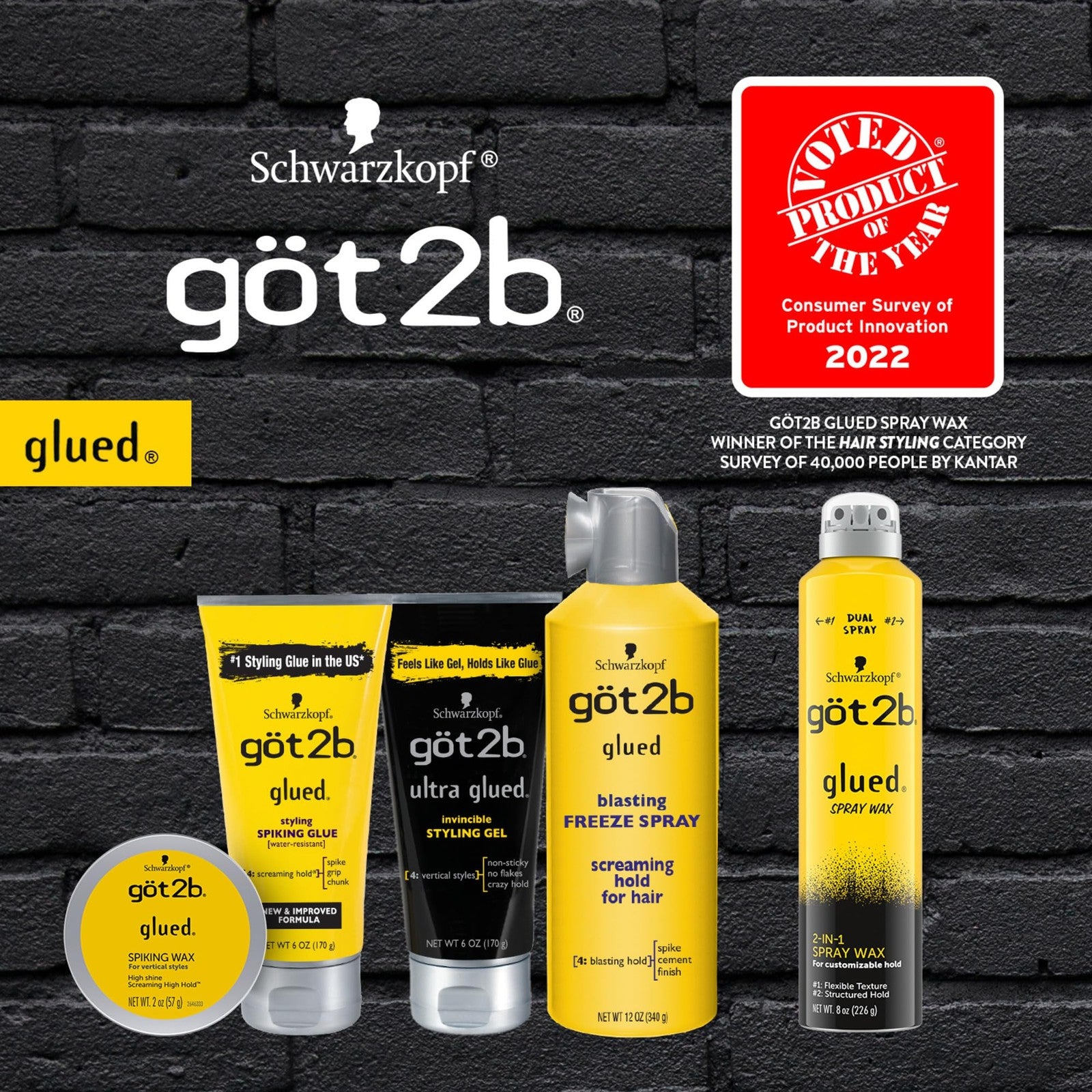 Got2b Ultra Glued Invincible Styling Hair Gel 1.25oz packs, showing bright blue gel tubes with black caps for strong hold and styling