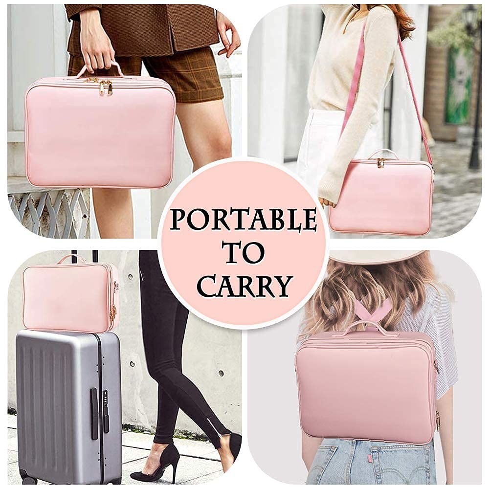 Gzcz large capacity travel makeup case organizer with multiple compartments for cosmetics and beauty essentials.