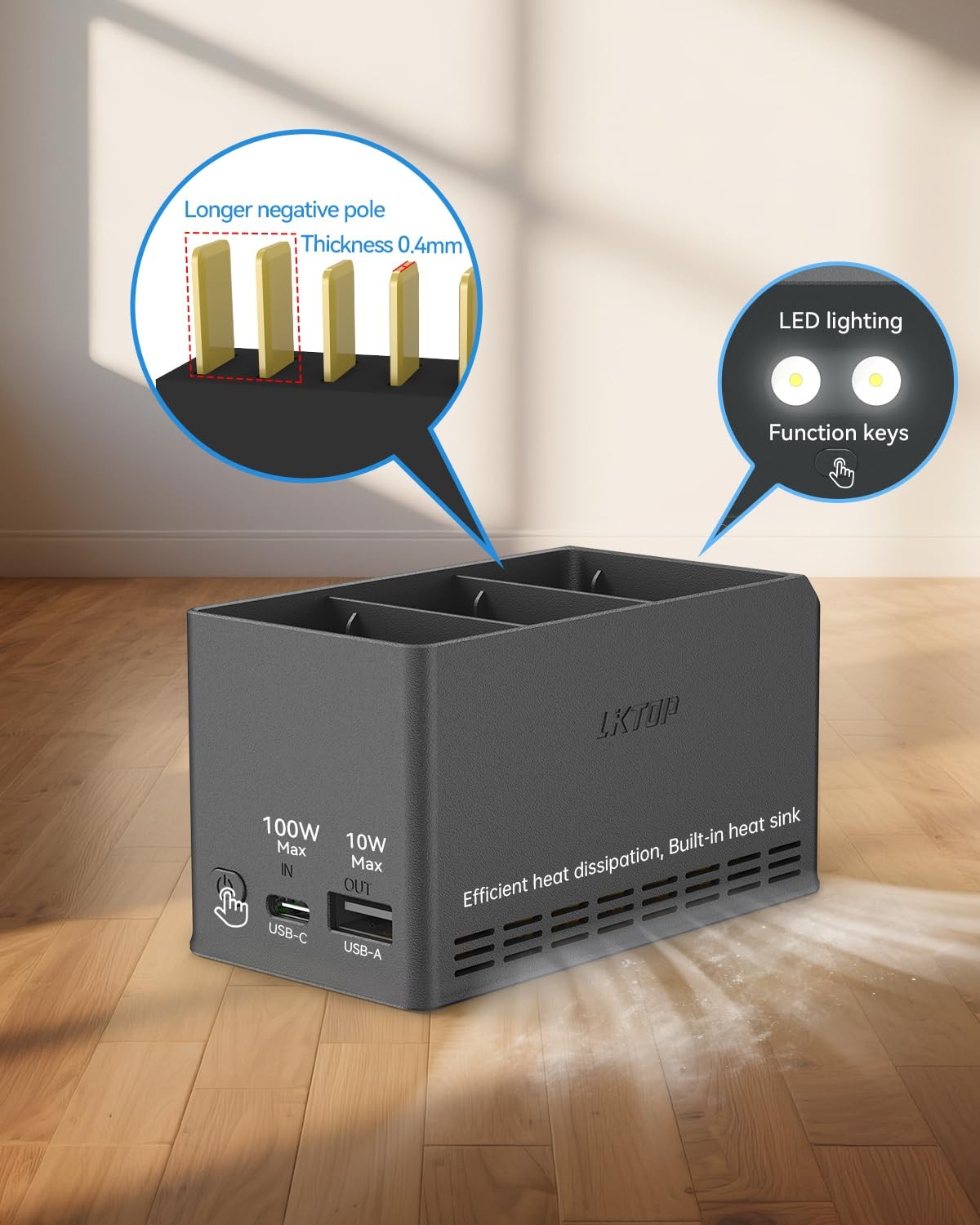 LKTOP 100W Mini 5/4/3 Pro Parallel Charging Hub for DJI Mini Series with multiple charging ports and compact design