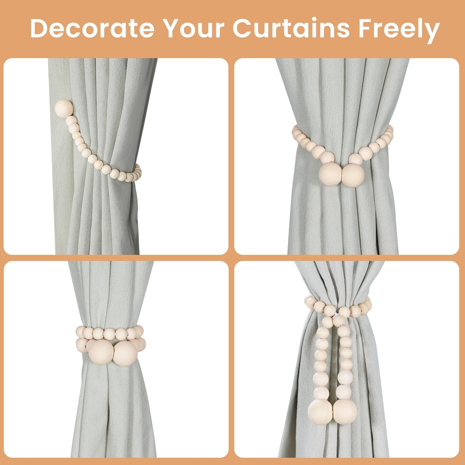 KLOGTSIND magnetic wood bead curtain tiebacks with boho style, natural wood beads, no drilling required for easy holdback attachment.