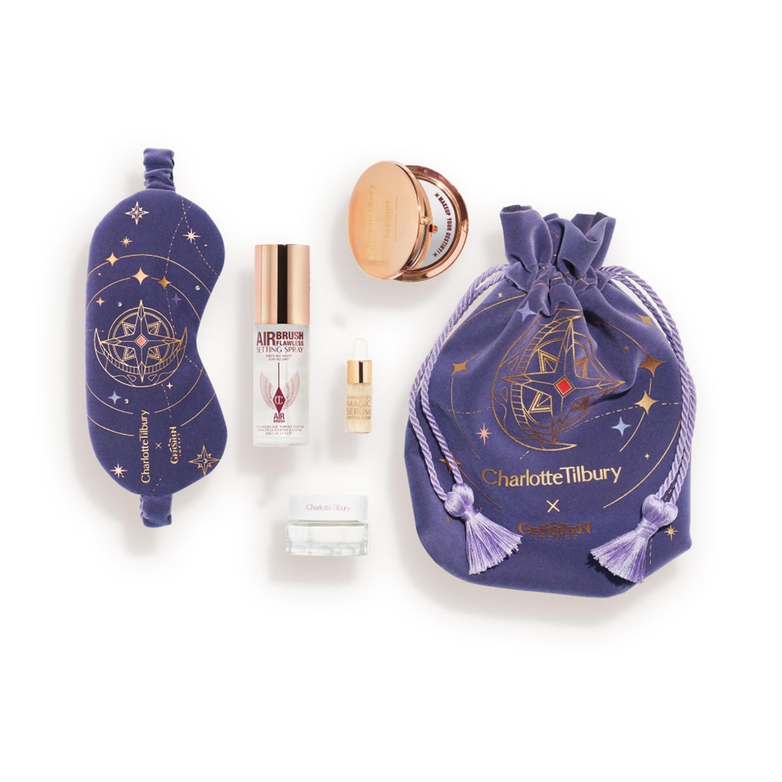 Charlotte Tilbury Genshin Impact Starfell Treasure travel skincare kit with small bottles and packaging, ideal for on-the-go skincare routines.