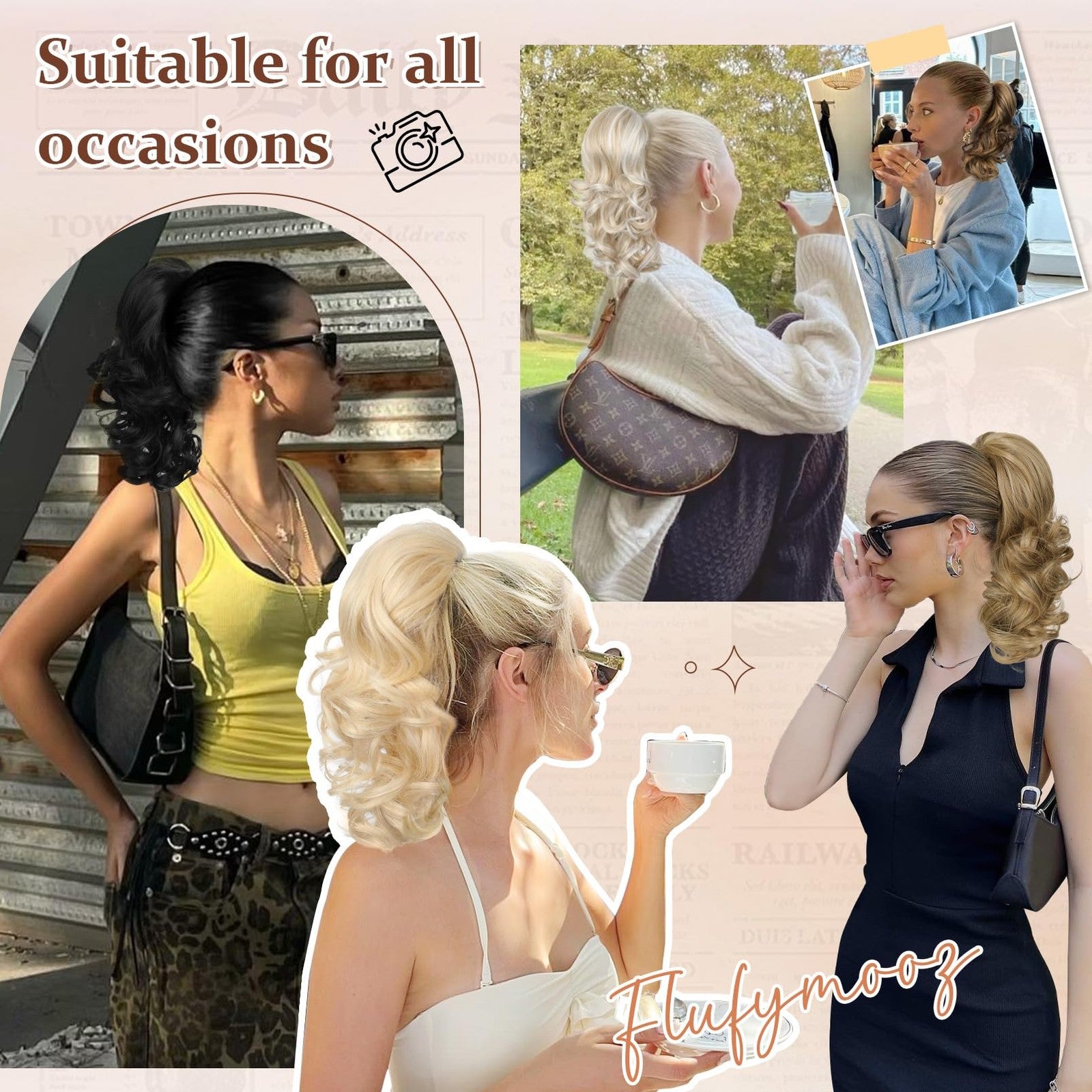 Flufymooz 14-inch short drawstring ponytail extension with layered blonde hair, styled in a high ponytail for a natural look.