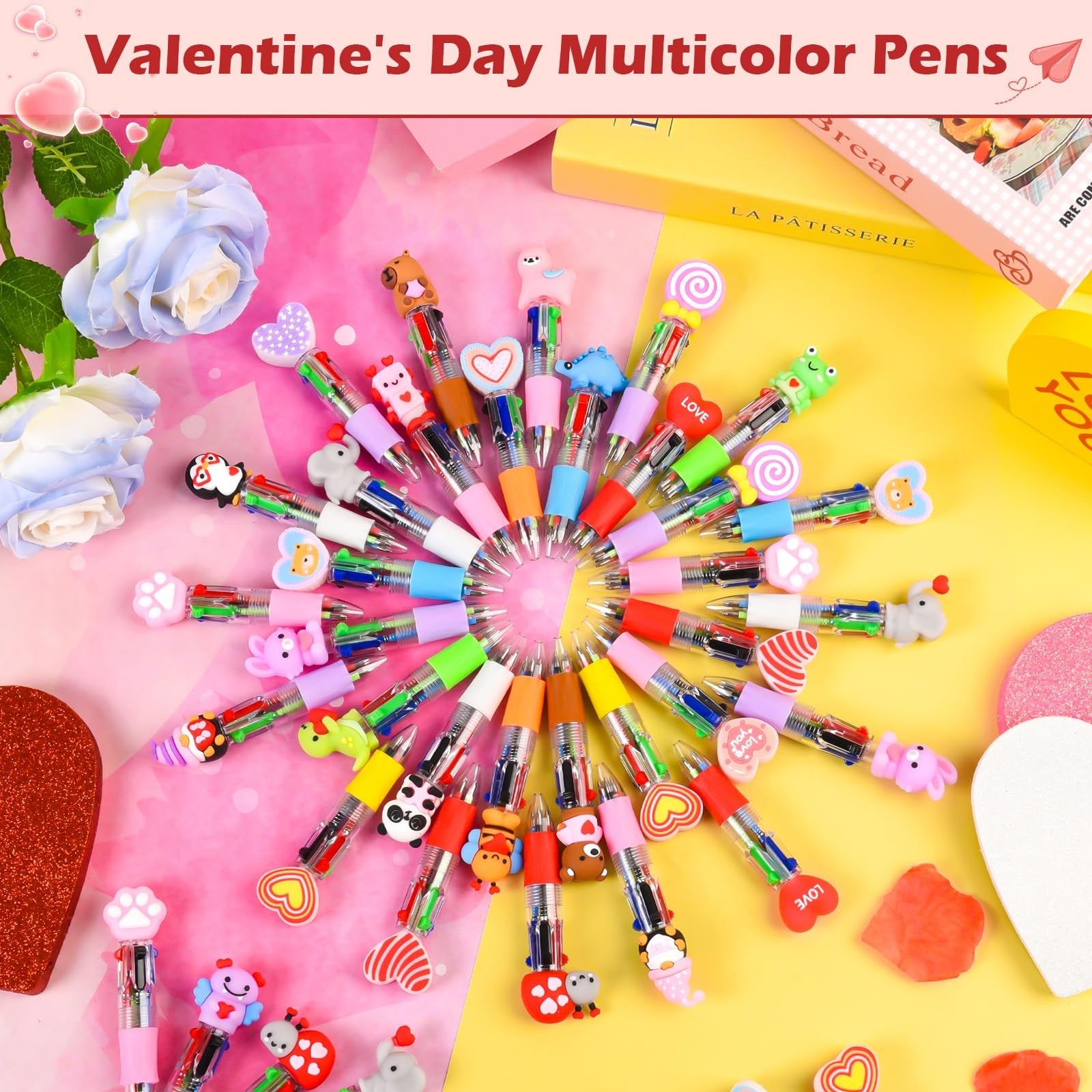 Set of 100 colorful LiYiQ Valentine's Day animal cartoon pens with fun 4-in-1 design, featuring cute animal characters in vibrant colors.
