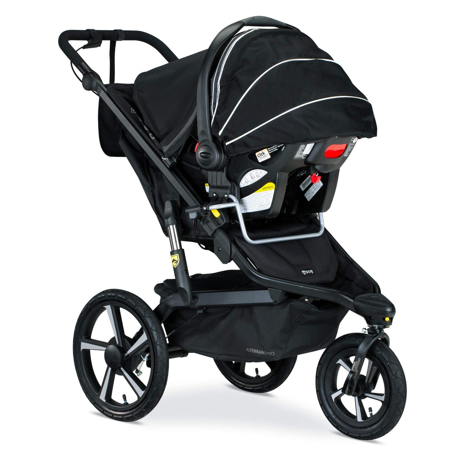 Bob Gear jogging stroller adapter for Graco infant car seats, shown attached to a stroller frame.