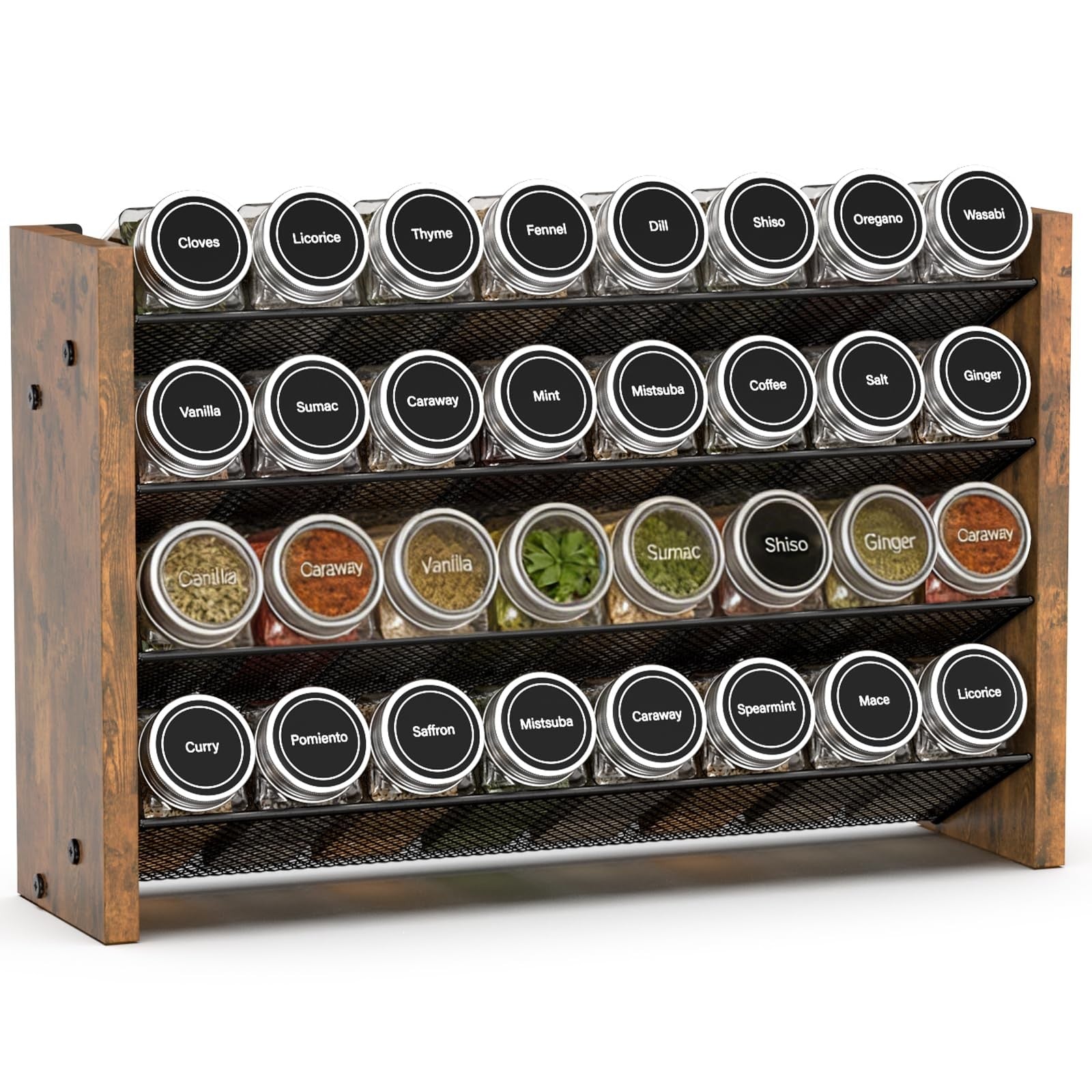 NESAPTO wooden 4-tier spice rack organizer mounted on kitchen wall with spices and jars for pantry storage.