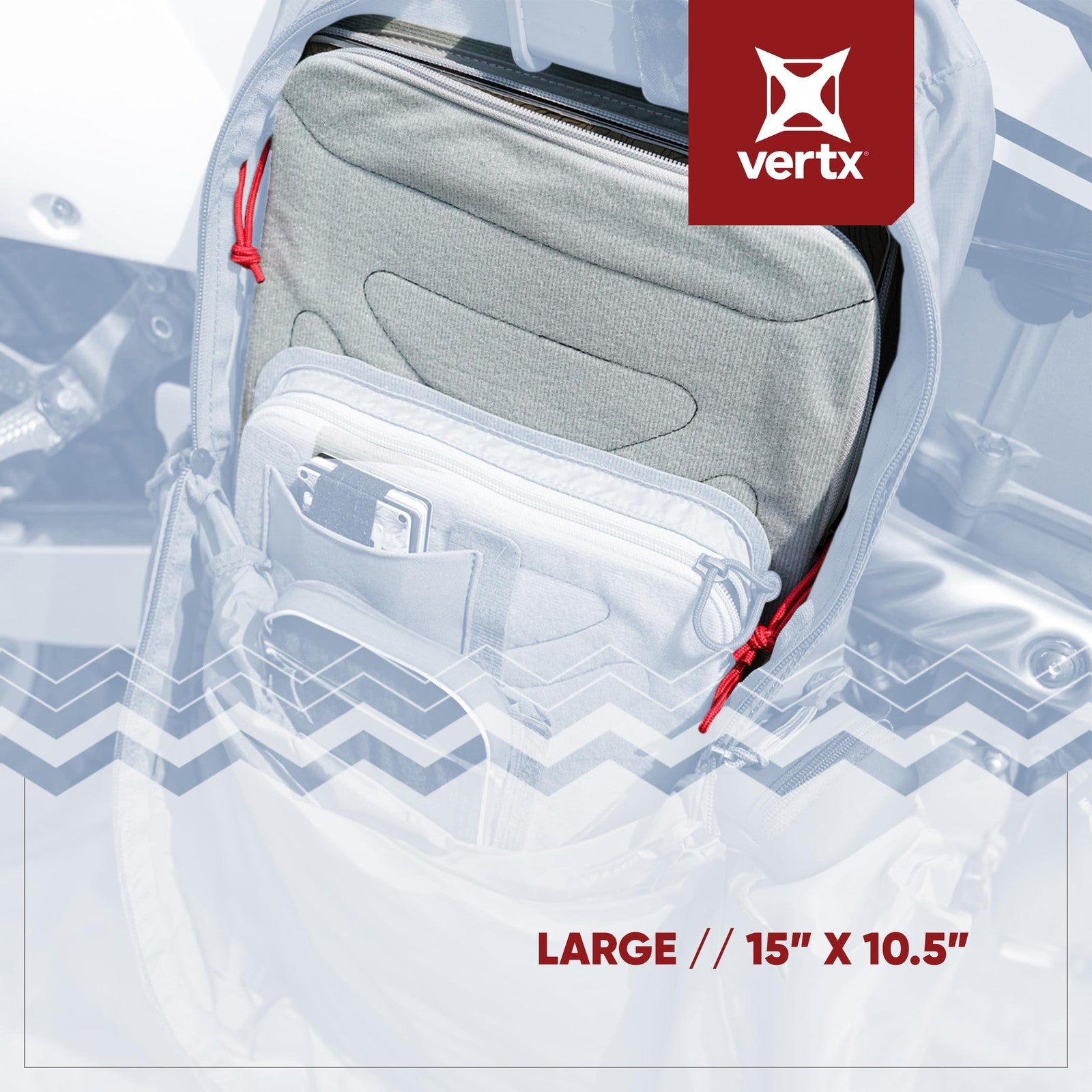 Vertx Pack Zip Pouch Organizer Insert shown inside a backpack, designed for travel and organization with multiple compartments.