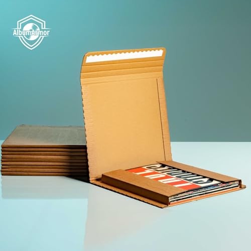 AlbumArmor vinyl record shipping box with fragile stickers, 12-inch LP mailer for secure vinyl record packaging.