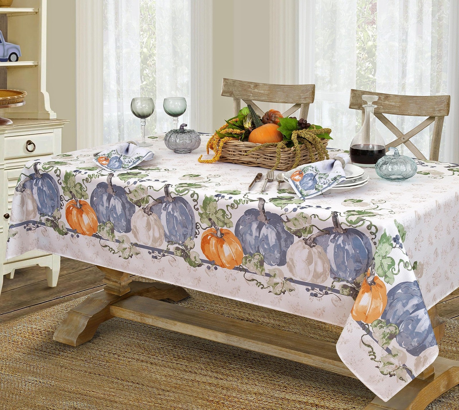Newbridge Blue Pumpkin Vines stone-washed bordered plate with fall and Thanksgiving-themed pumpkin and vine design.