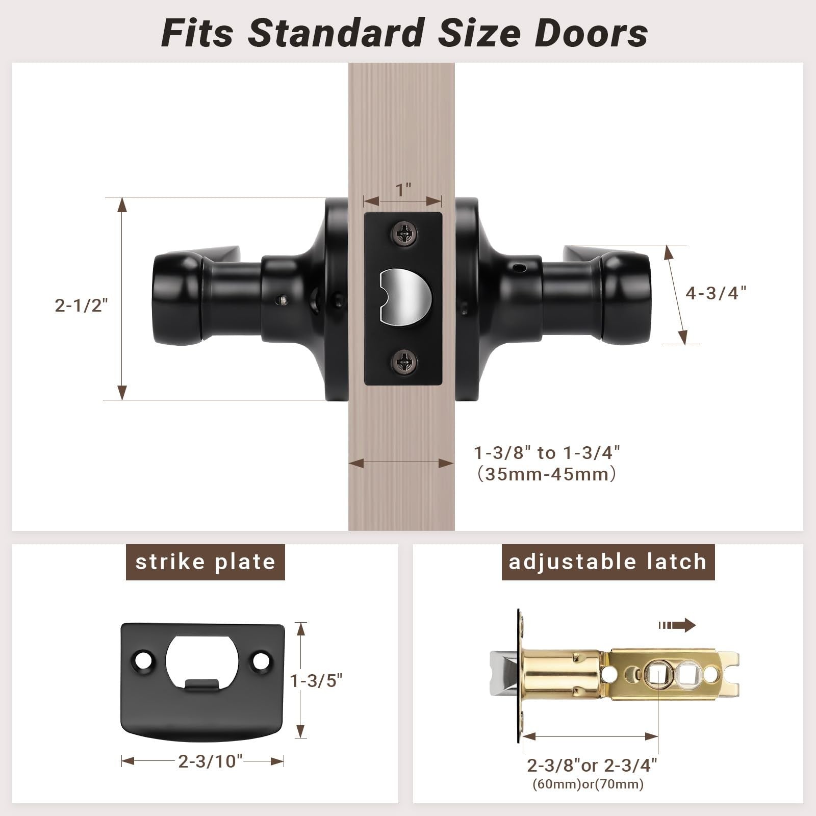 Set of three matte black passage door levers by Knobonly, interior door handles with modern design for Hallywa.