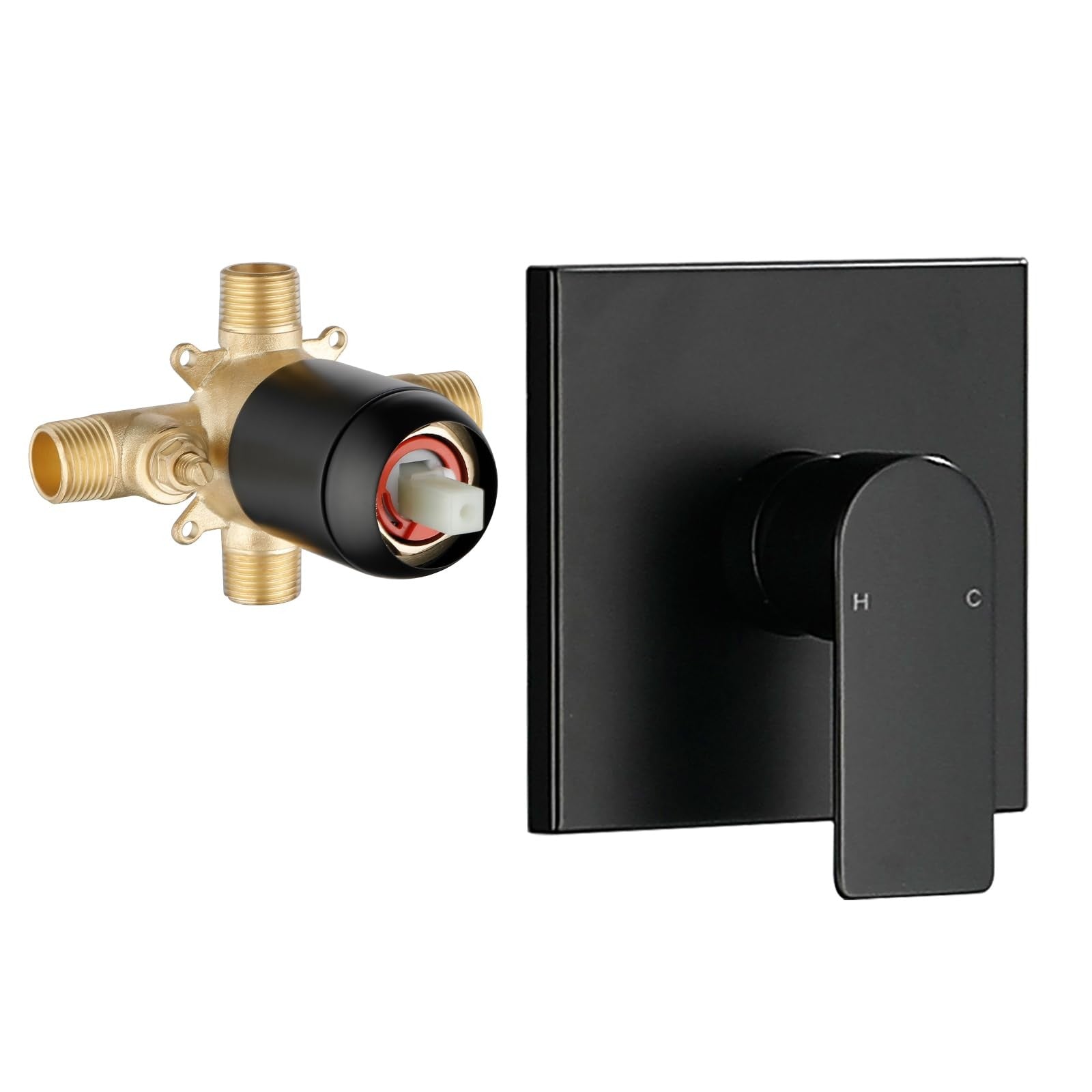 Matte black VIKASI single-handle shower valve kit with trim for bathroom shower installation and control.