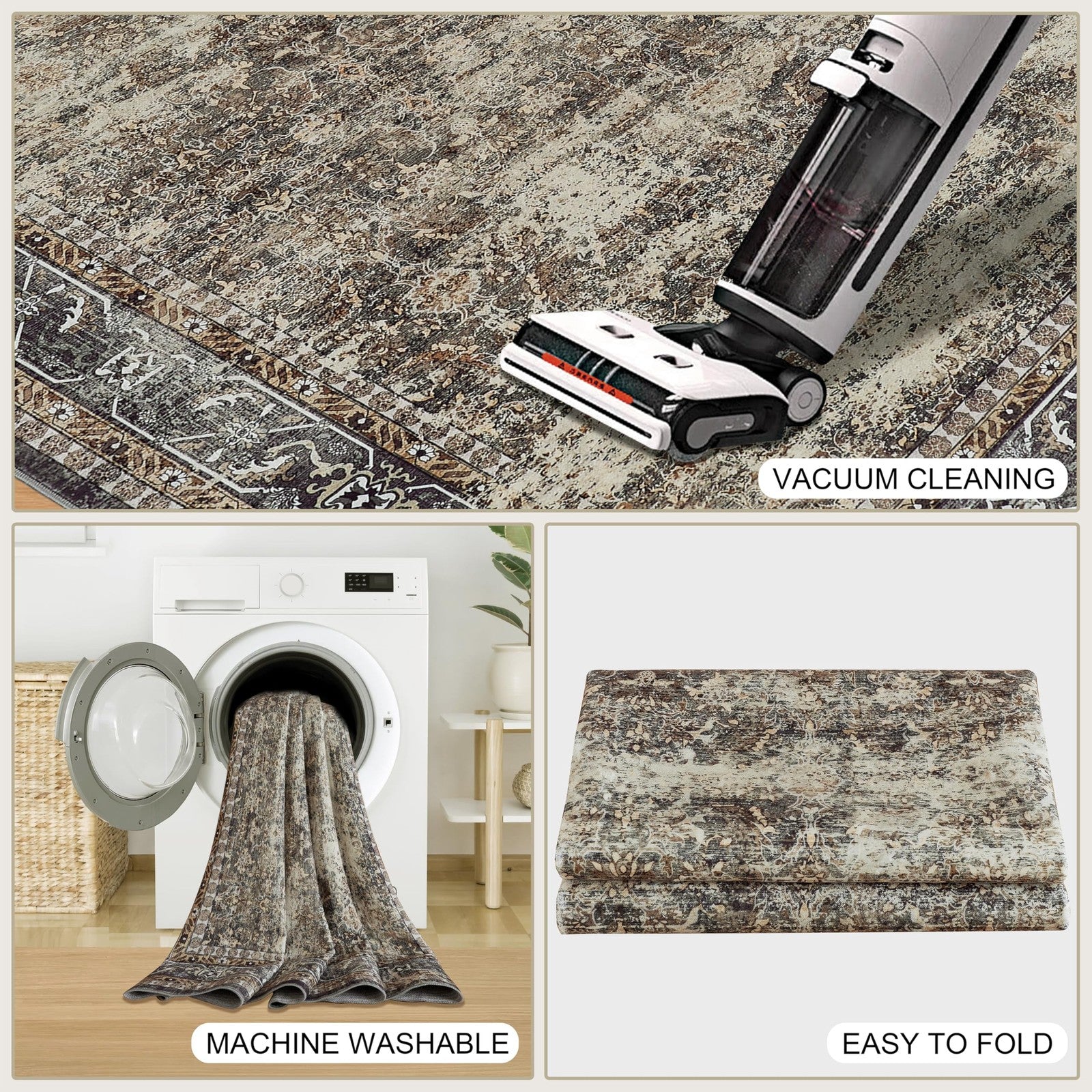Brown LAISE 5x7 ft boho indoor area rug with non-slip backing, machine washable, perfect for cozy living spaces.