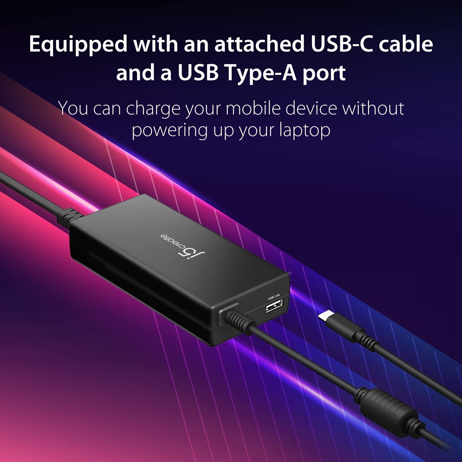 j5create USB Type C PD 100W fast charger for MacBook Pro, Chromebook, and laptops, showing the compact charger with cable.
