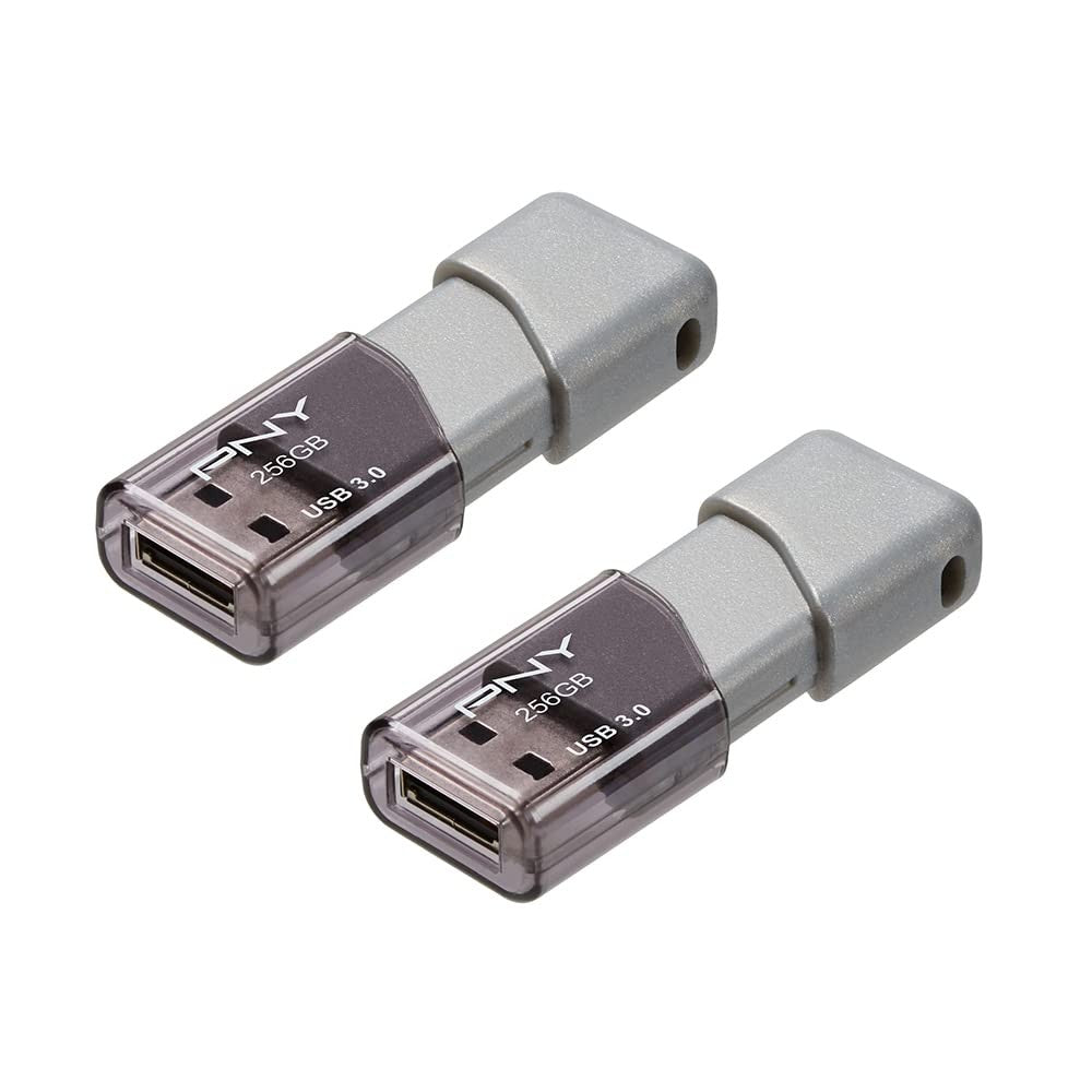 Two PNY Turbo Attaché 3 USB 3.0 flash drives in silver, each with 256GB storage capacity, displayed side by side.