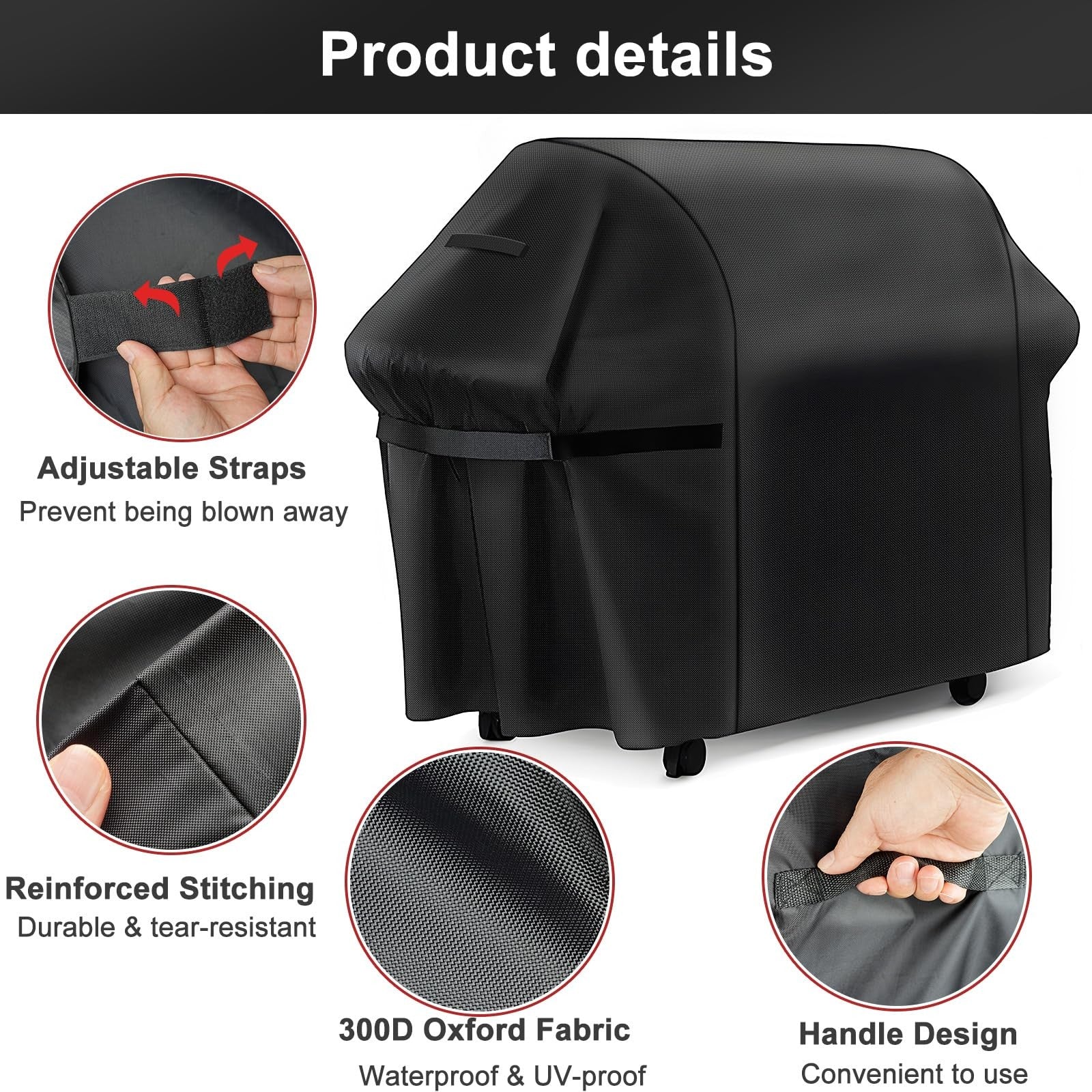 Heavy-duty 75-inch LBting grill cover made of waterproof 300D Oxford fabric, windproof and UV-resistant for outdoor protection