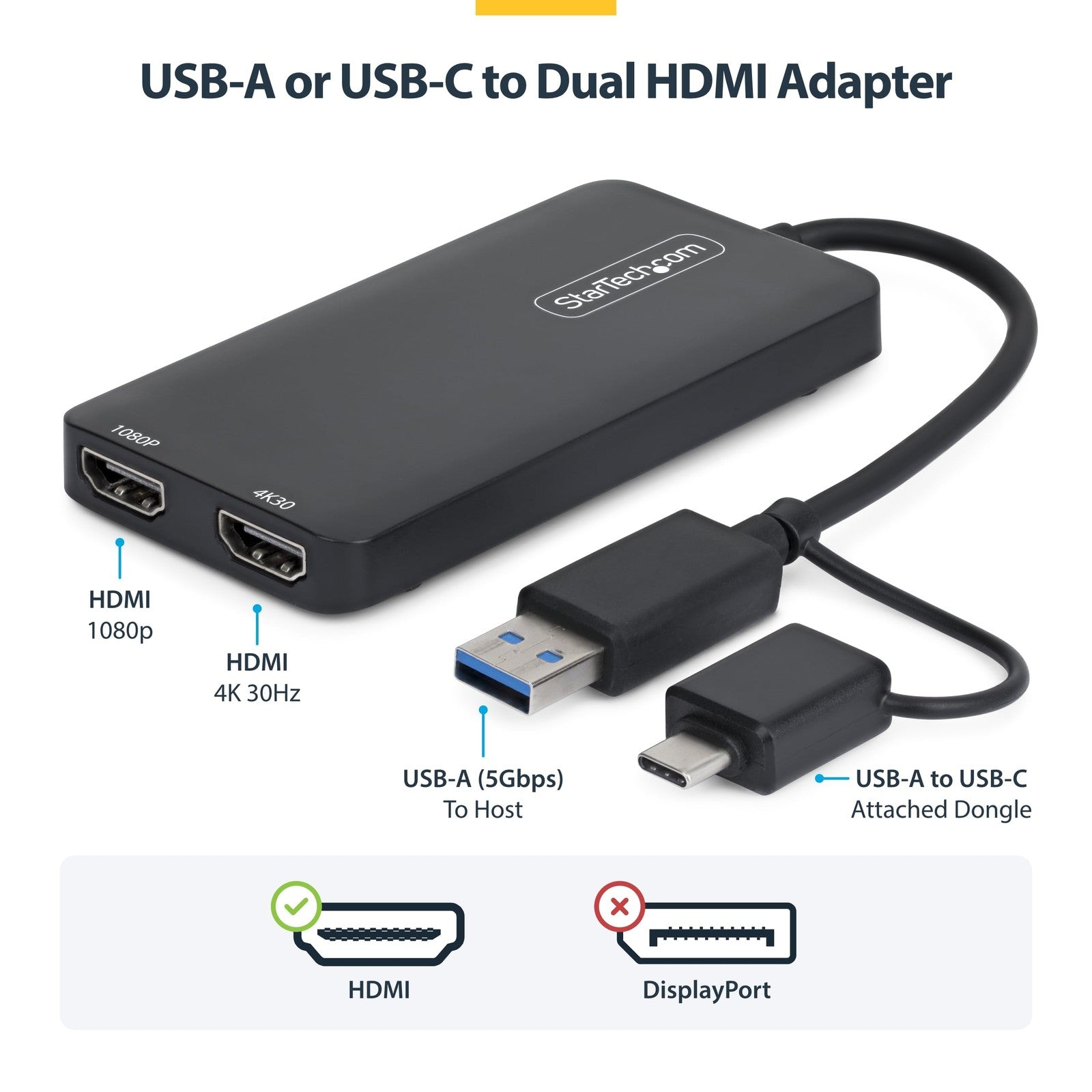 StarTech.com dual monitor adapter connected to MacBook and Windows laptop, displaying extended desktop on two screens.