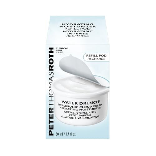 Peter Thomas Roth Water Drench Hyaluronic Cloud Cream moisturizer jar with blue label and white lid, showcasing the hydrating skincare product