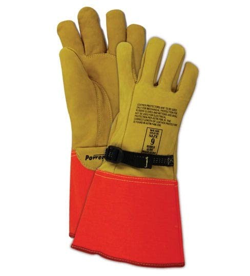 Pair of MAGID leather lineman work gloves in size 9.5, designed for electrical protection and durability during electrical work.