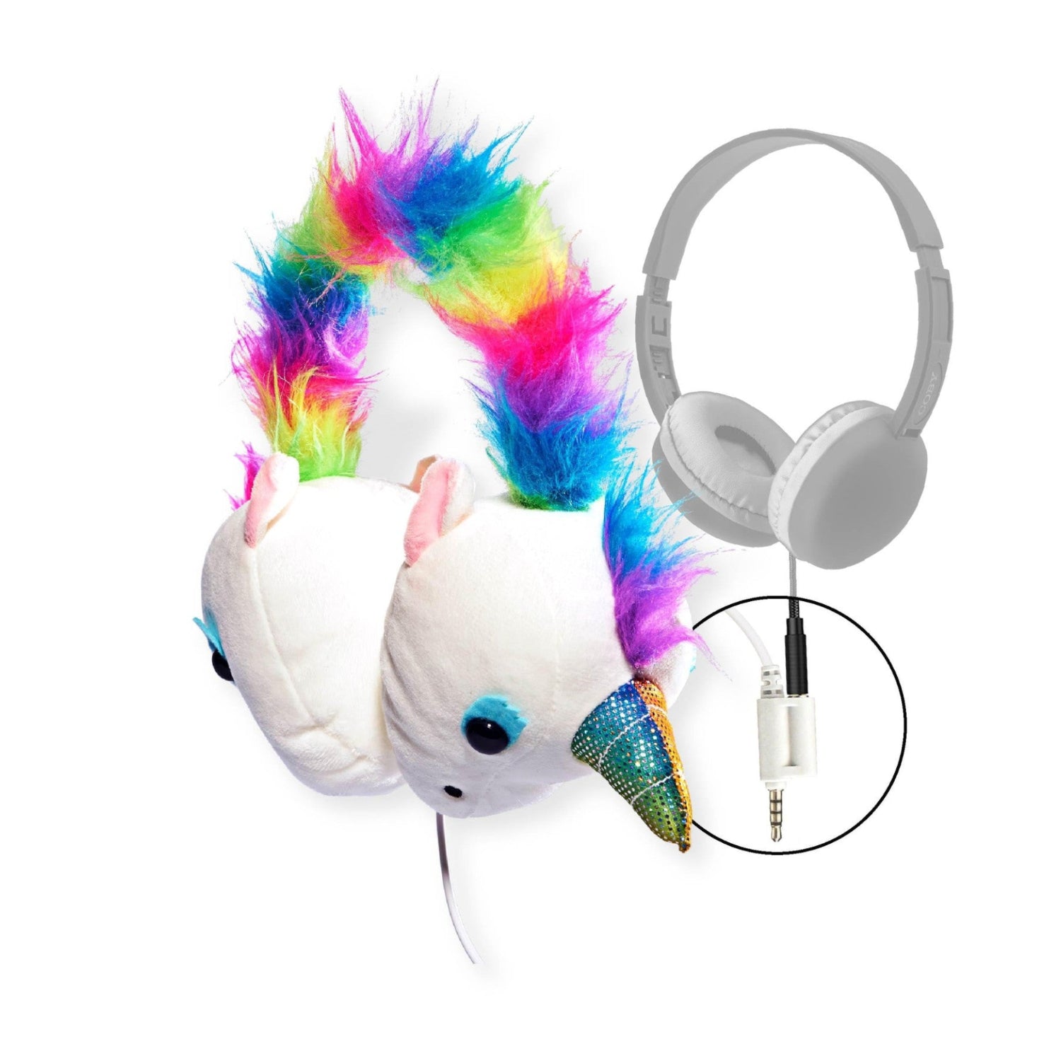 Coby Zooland wired plush kids’ over-ear headphones with colorful design and 3.5mm audio jack, suitable for portable use.