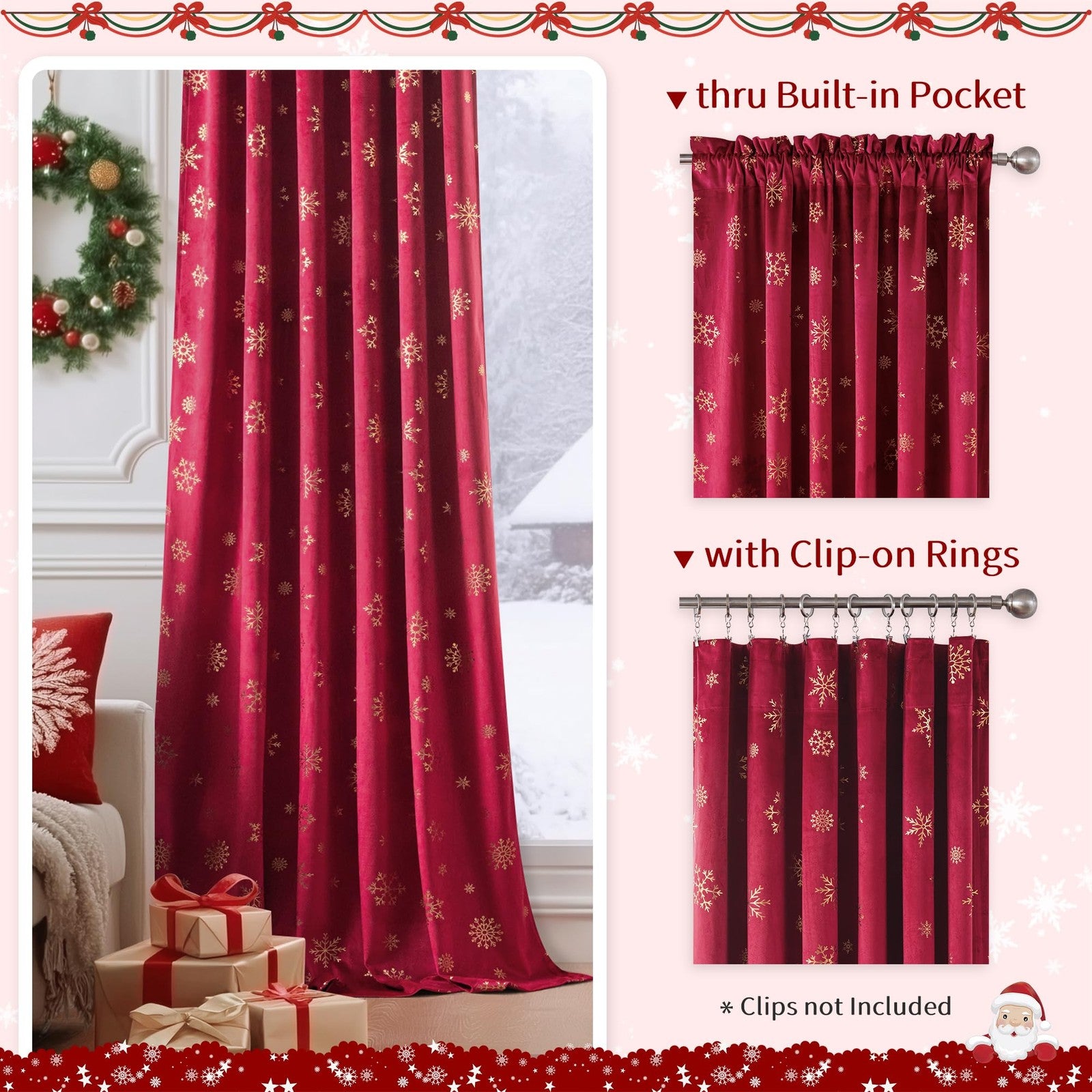 FMFUNCTEX red Christmas velvet blackout curtains with thermal insulation, designed for bedroom privacy and light control.