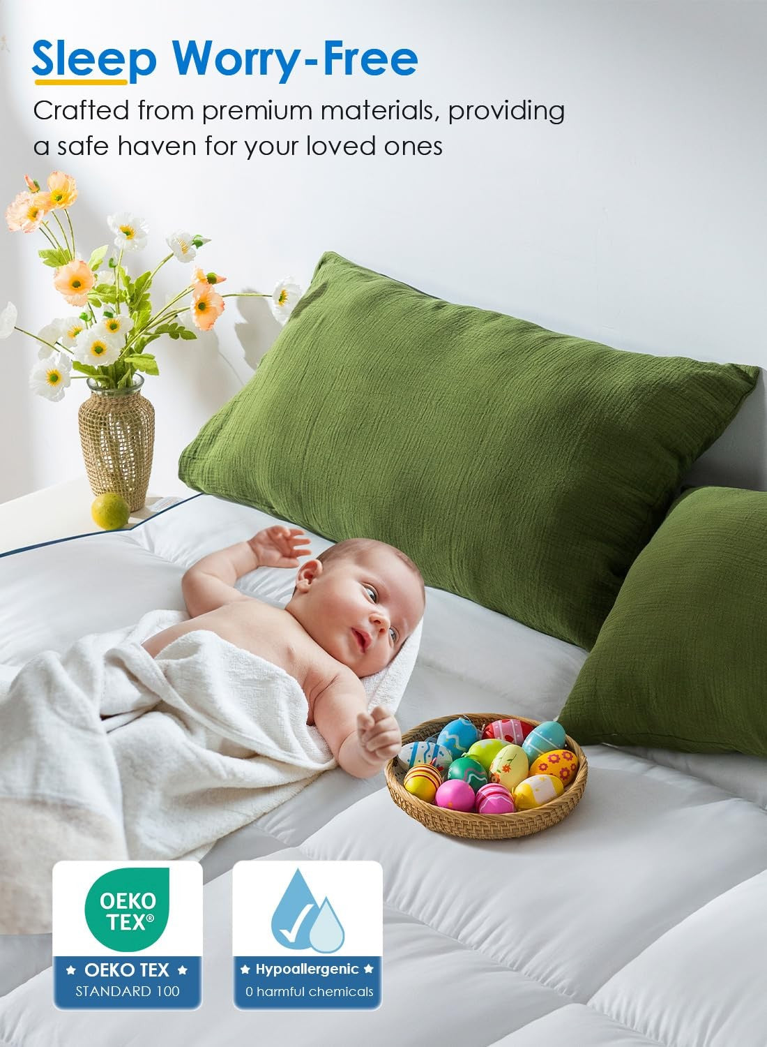 QUEEN ROSE king pillow top mattress topper, extra thick and soft bed pad with plush cushioning for added comfort.