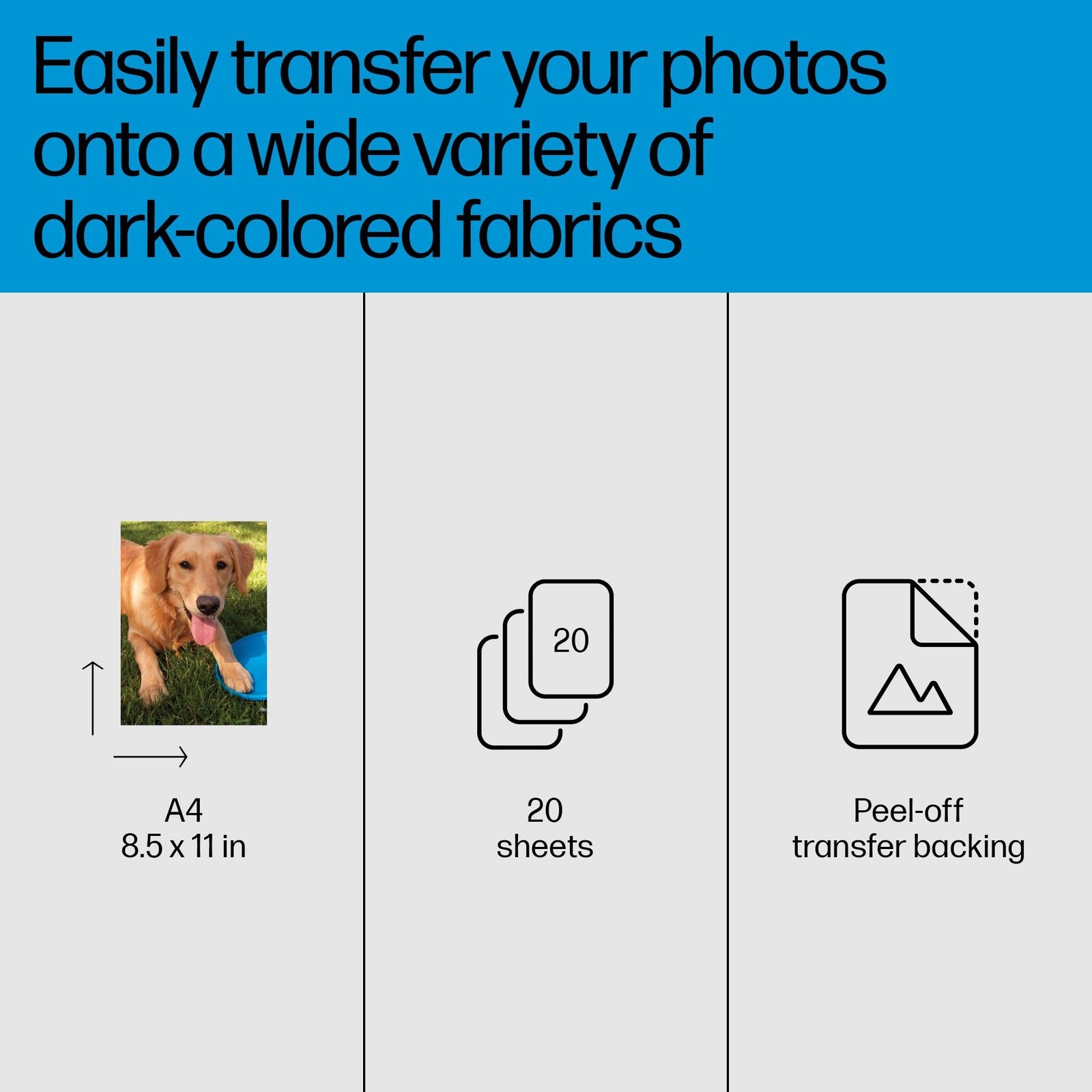 HP iron-on transfers for dark fabric, 8.5x11 inches, 20 sheets, showing sheets with colorful designs ready for application.