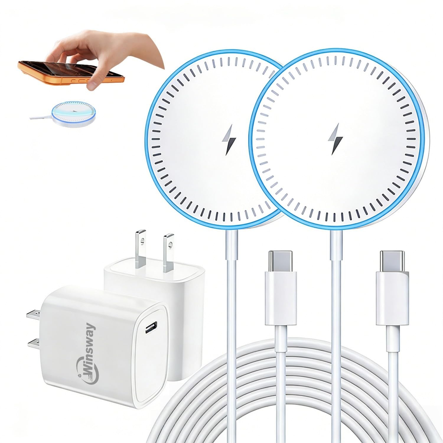 Winsway 2-pack magnetic wireless chargers with 15W fast charging pads and 20W PD plug, shown with phones placed on charging surfaces.