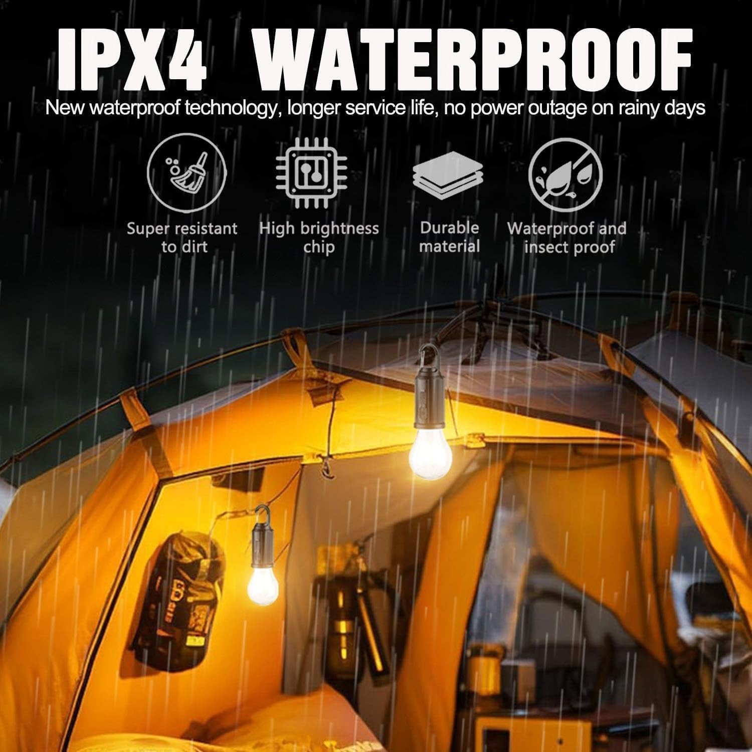 MODOAO LED tent lights 5-pack camping lanterns with USB rechargeable solar power, designed for outdoor camping and tent illumination.
