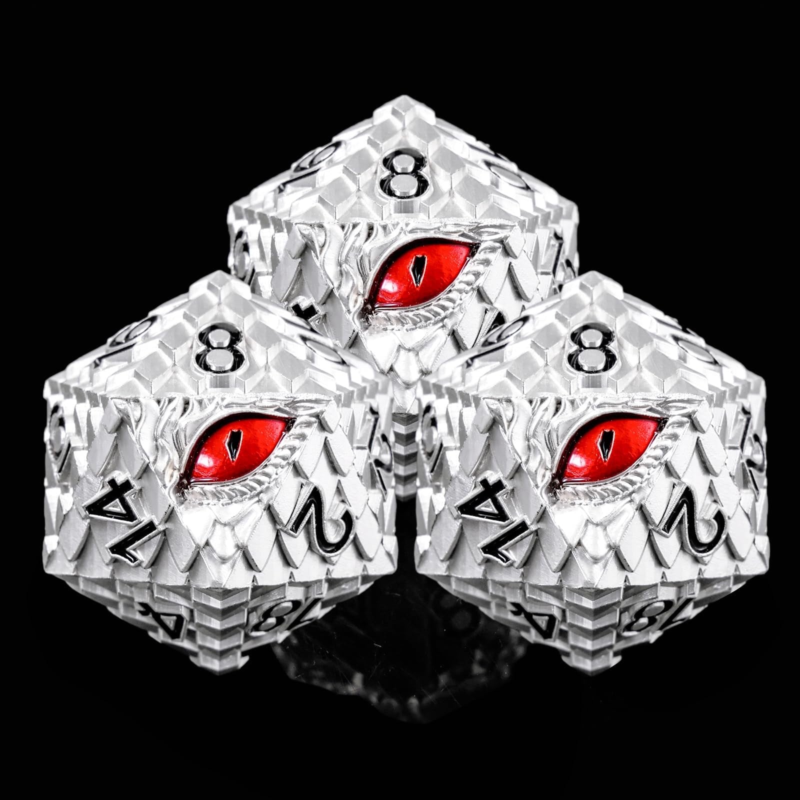 Metal D20 DND dice with dragon scale design from Handan, featuring a shiny metallic finish and 20-sided polyhedral shape.