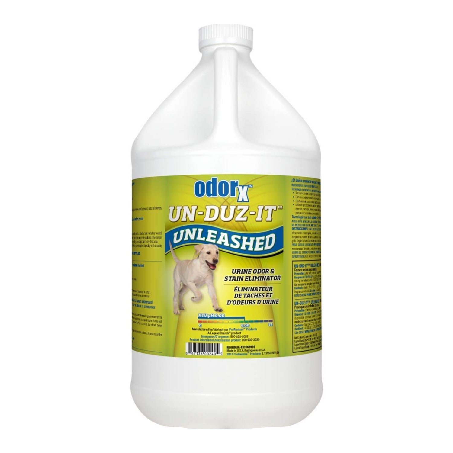 PRORESTORE ODORx Un-Duz-It Unleashed pet stain remover and odor eliminator in a 1-gallon container, with cleaning spray nozzle.