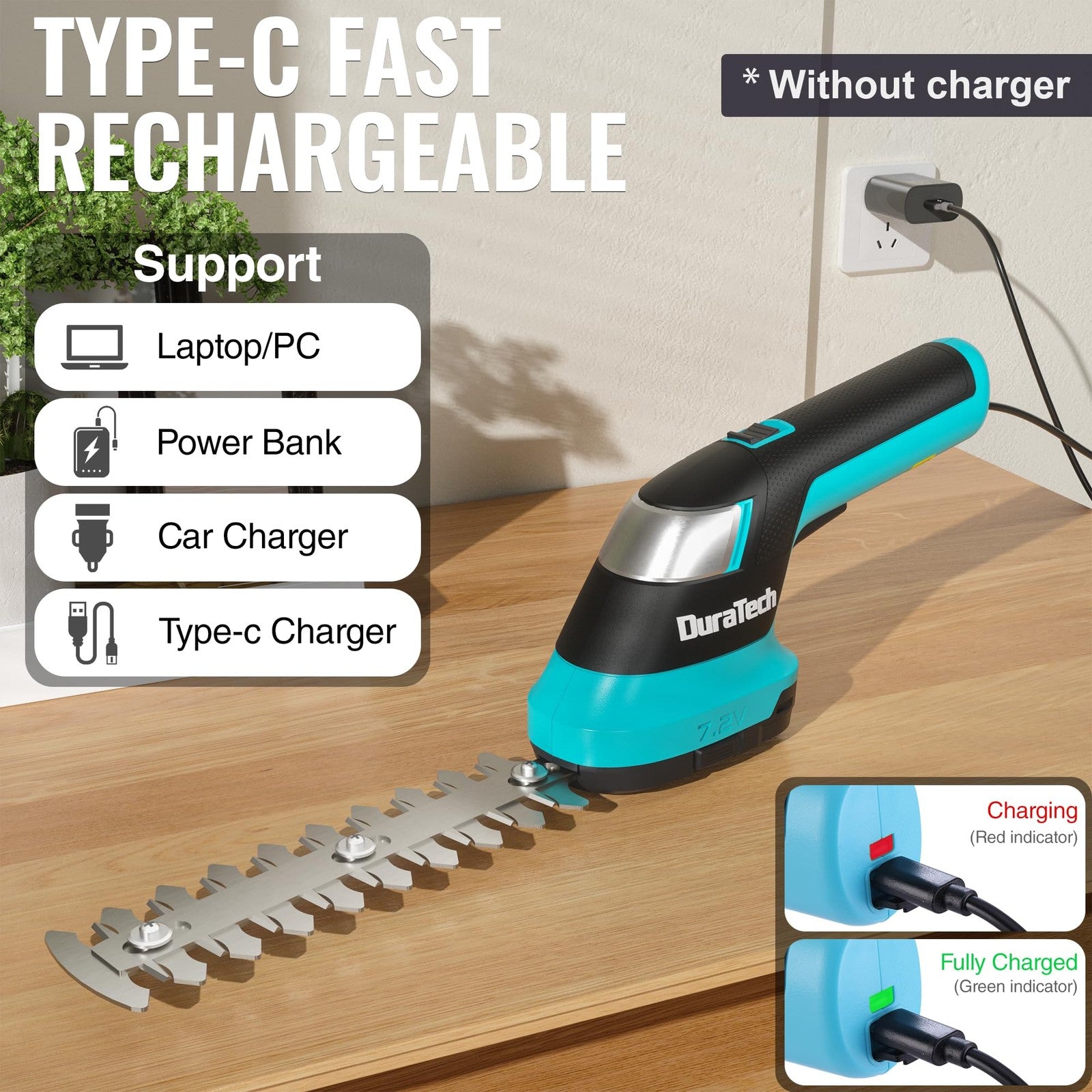 DURATECH cordless hedge trimmer and grass trimmer, 7.2V rechargeable handheld tool with dual trimming functions.