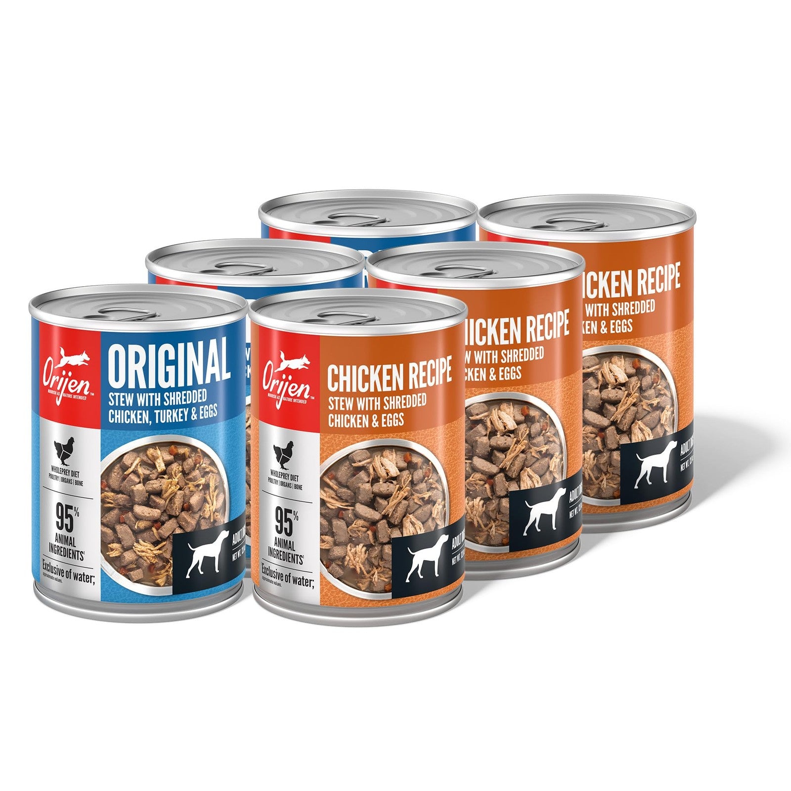 Assorted ORIJEN premium wet dog food cans featuring original and chicken recipes, 12.8oz size, with colorful labels and branding.