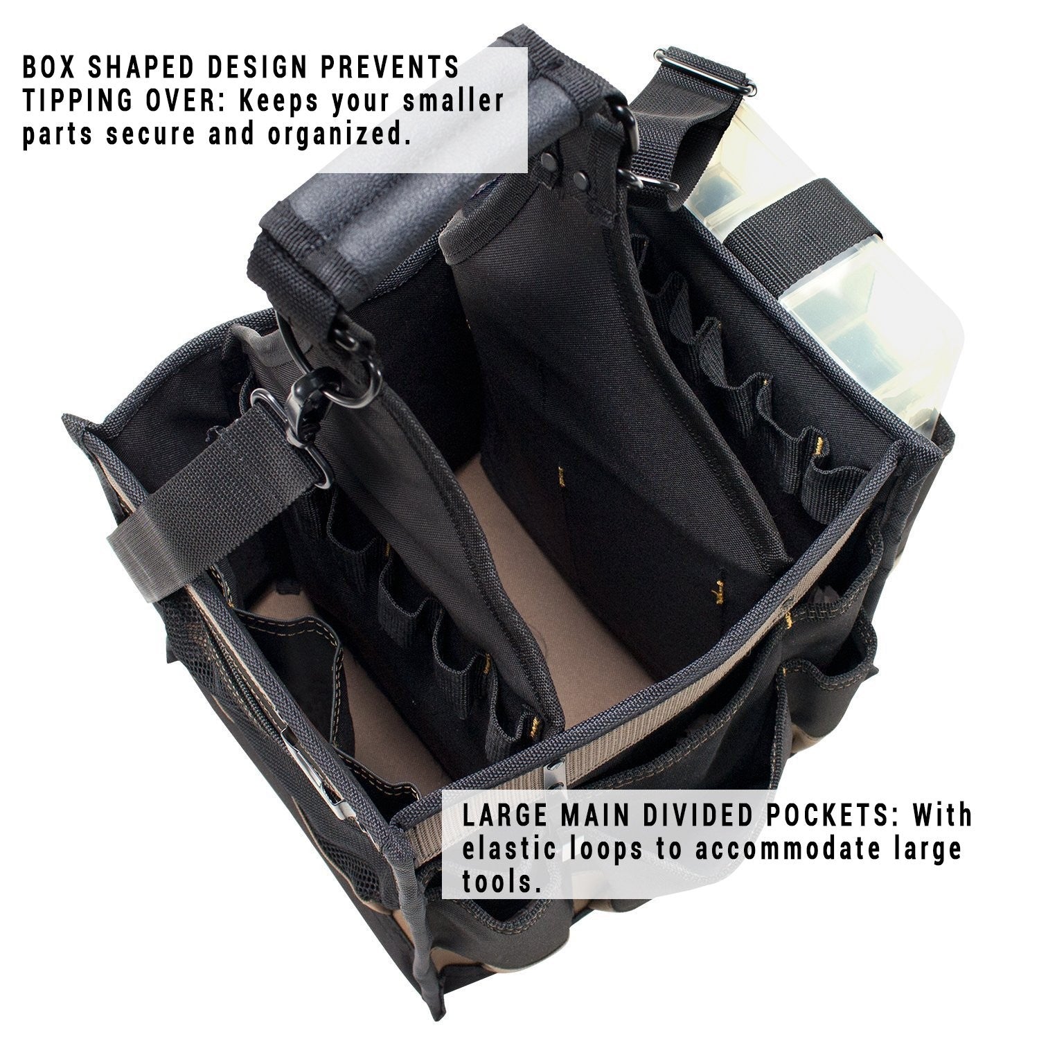 Custom Leathercraft CLC 1528 large electrical and maintenance tool carrier with multiple pockets and black leather construction.