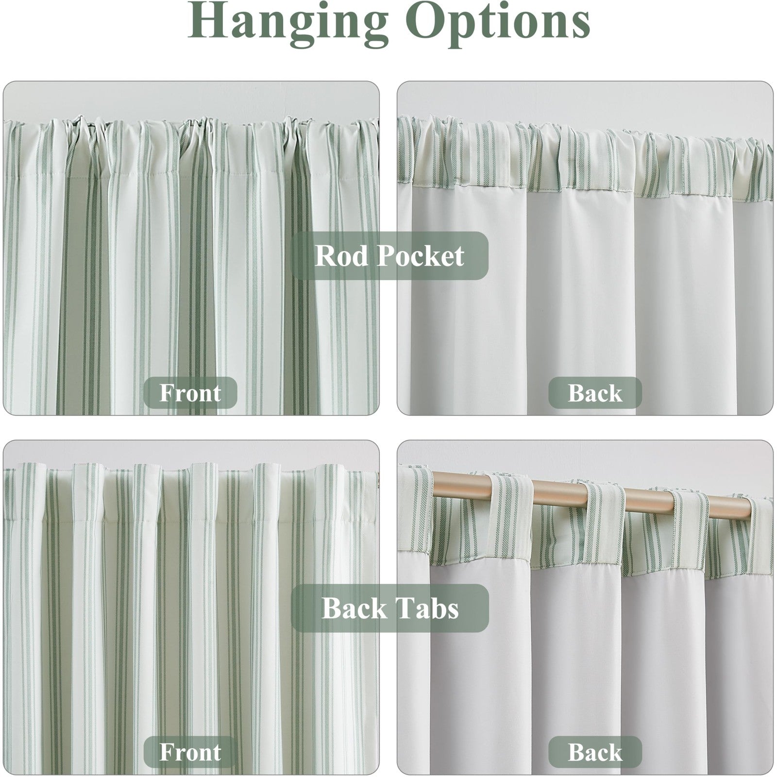 Zjdecor green and white striped cotton blend blackout curtains with 63-inch length, full blackout drapes for bedroom or living room.
