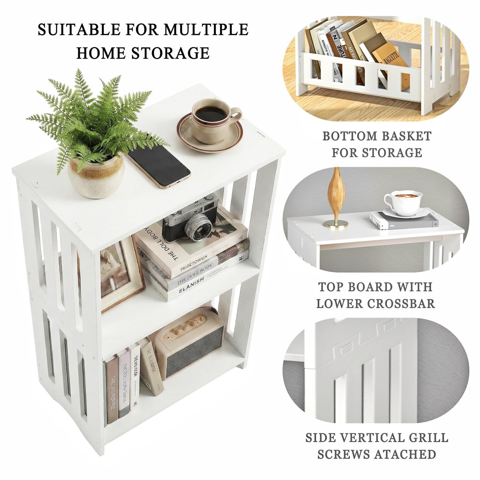 HAYOFAMY 3-tier white end table set featuring small bookshelf design, perfect for living room or bedroom decor.