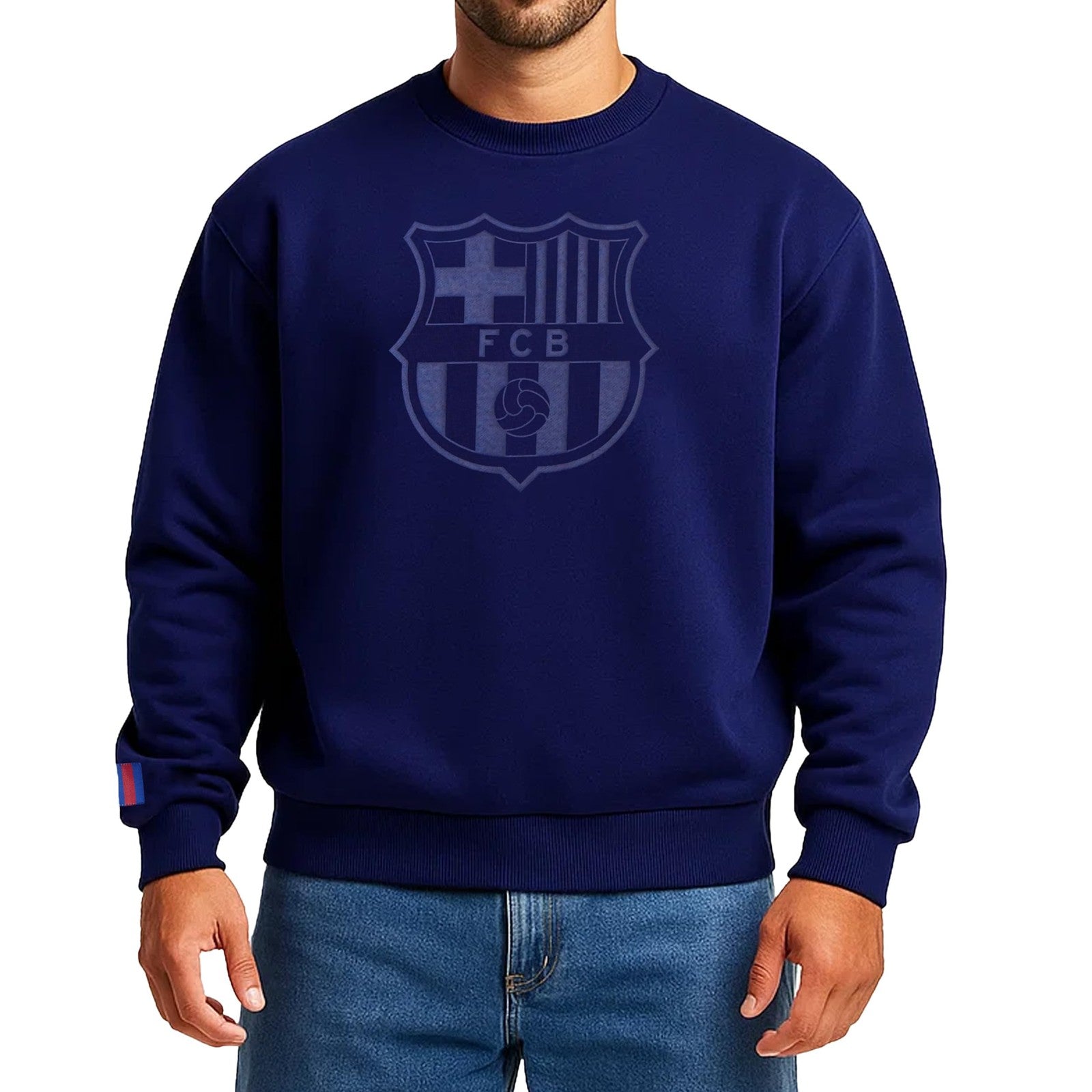 Icon Sports FC Barcelona cotton terry crewneck pullover sweatshirt, featuring team logo and design on soft fabric.