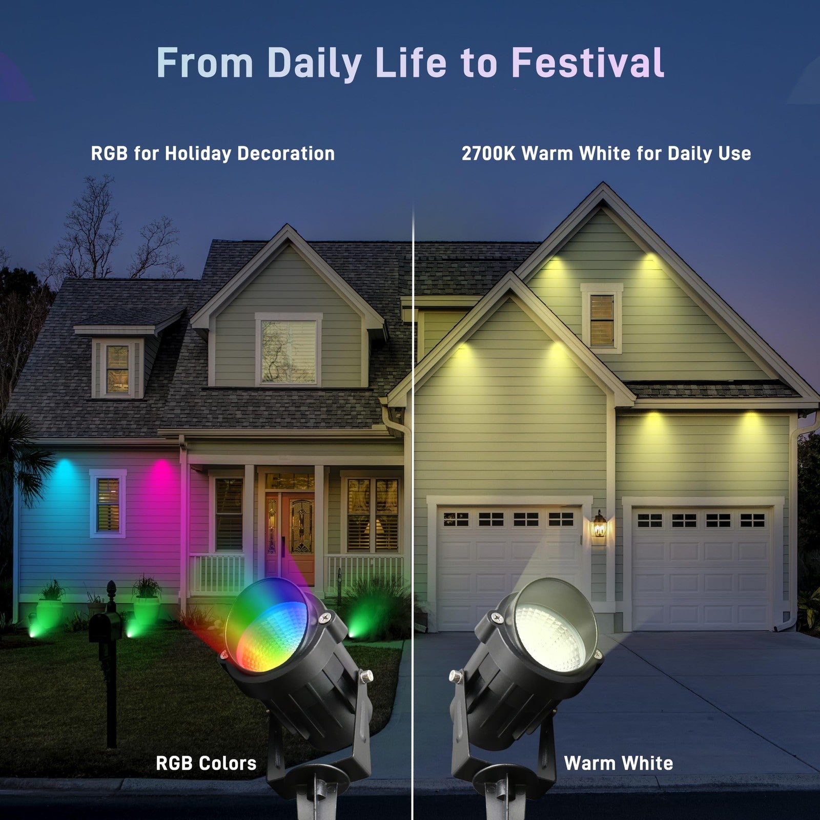 UPONELED Christmas landscape outdoor spotlights, 12W RGBW, yard lighting with low voltage for festive outdoor illumination.