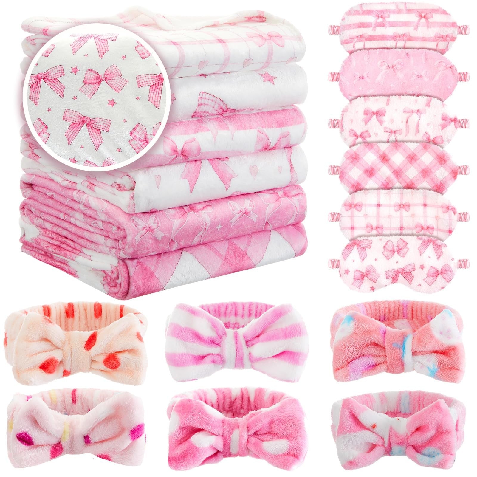 Fanfanwin 18-piece girls' sleepover party supplies with six cute pink bow blank designs, including napkins, cups, and tableware.
